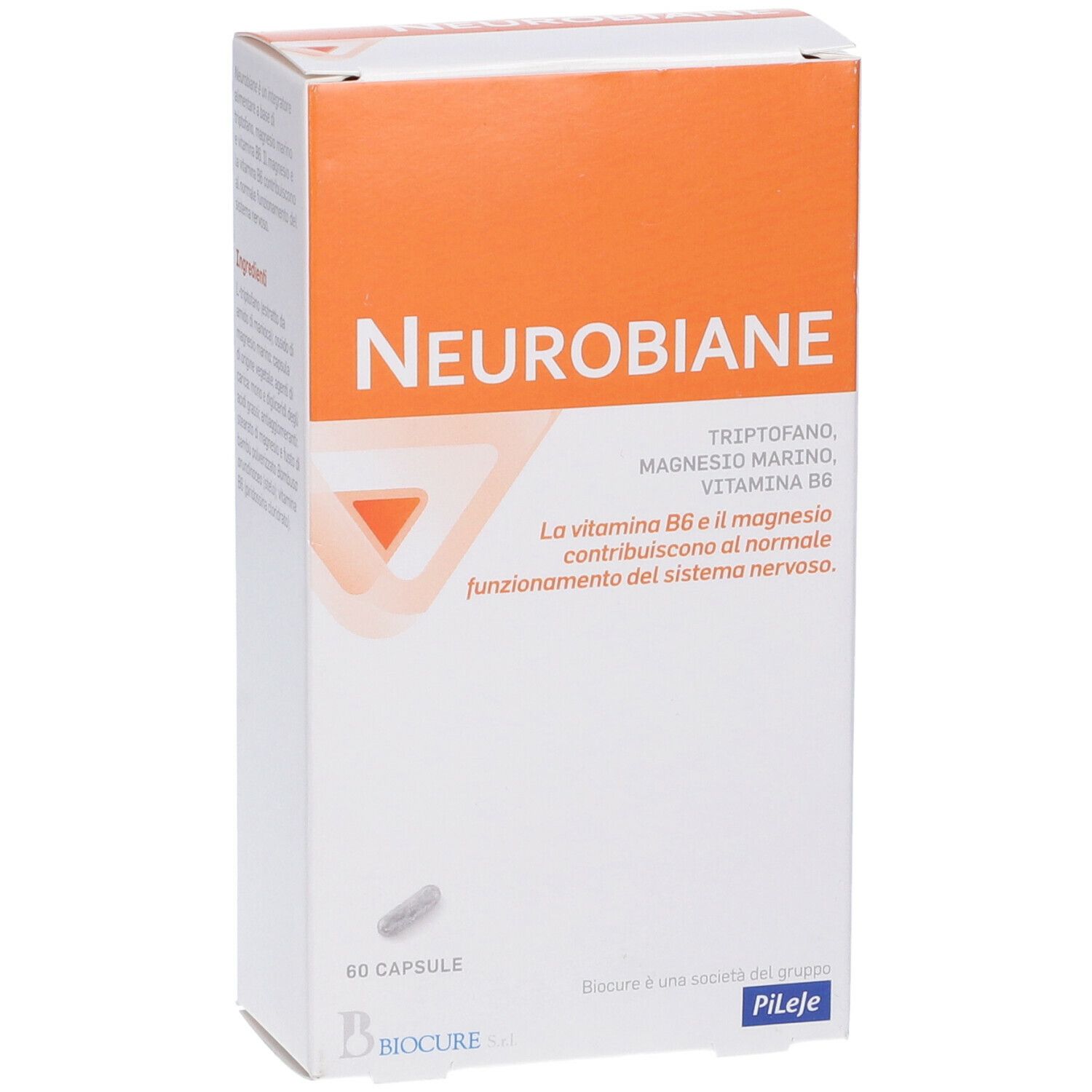 Scatola Neurobiane. Arancione e bianca. Contiene 60 capsule. Marchio Biocure.