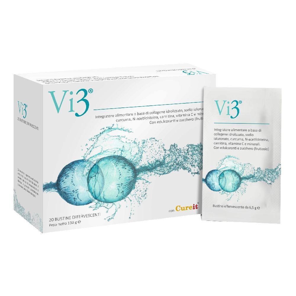 Confezione e bustina singola Vi3. Scritta: 20 bustine effervescenti. Contiene collagene, curcuma e vitamina C.