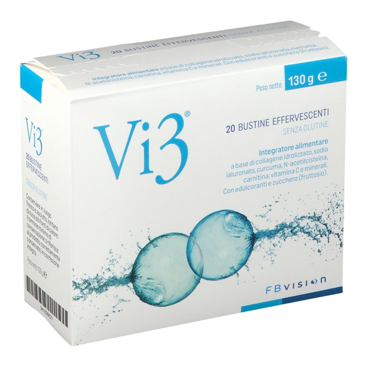 Scatola Vi3 bianca con testo blu. Scritta: 20 bustine effervescenti, senza glutine. Contiene collagene e vitamina C.