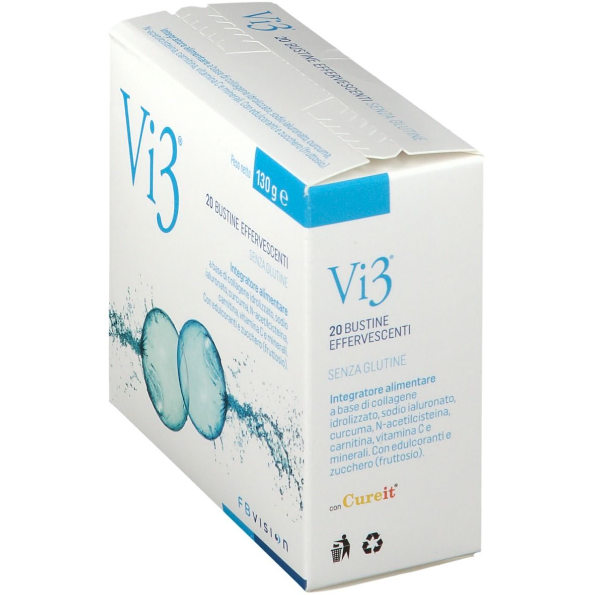 Scatola Vi3 bianca con testo blu. Scritta: 20 bustine effervescenti, senza glutine. Contiene collagene e vitamina C.