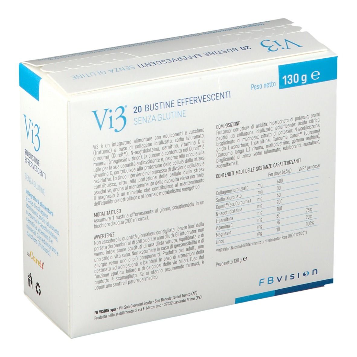 Scatola Vi3 bianca con testo blu. Scritta: 20 bustine effervescenti, senza glutine. Contiene collagene e vitamina C.