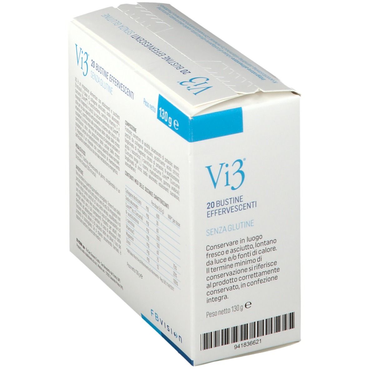Scatola Vi3 bianca con testo blu. Scritta: 20 bustine effervescenti, senza glutine. Contiene collagene e vitamina C.