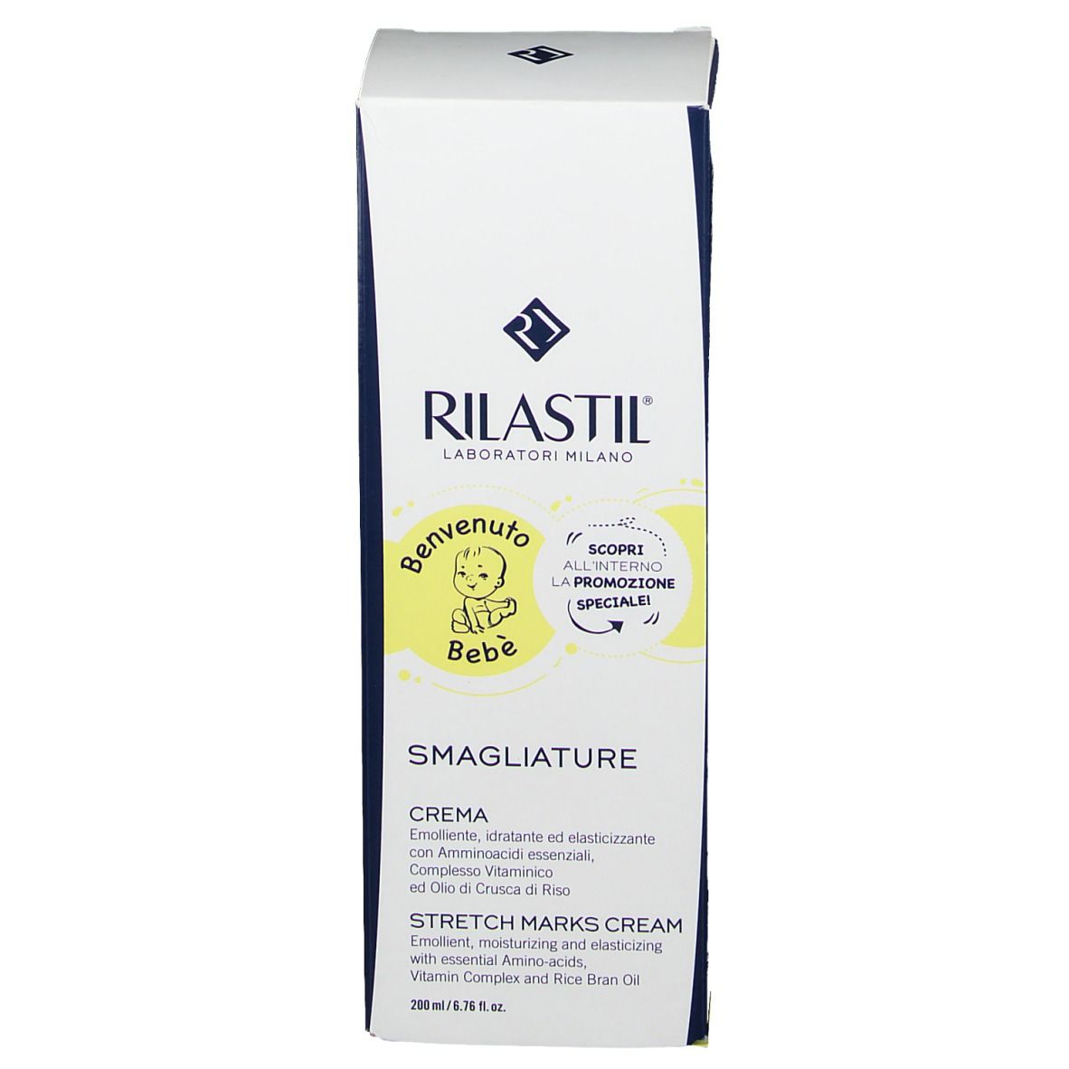 Confezione della crema RILASTIL® SMAGLIATURE. Nome e marchio visibili. Illustrazione bambino.