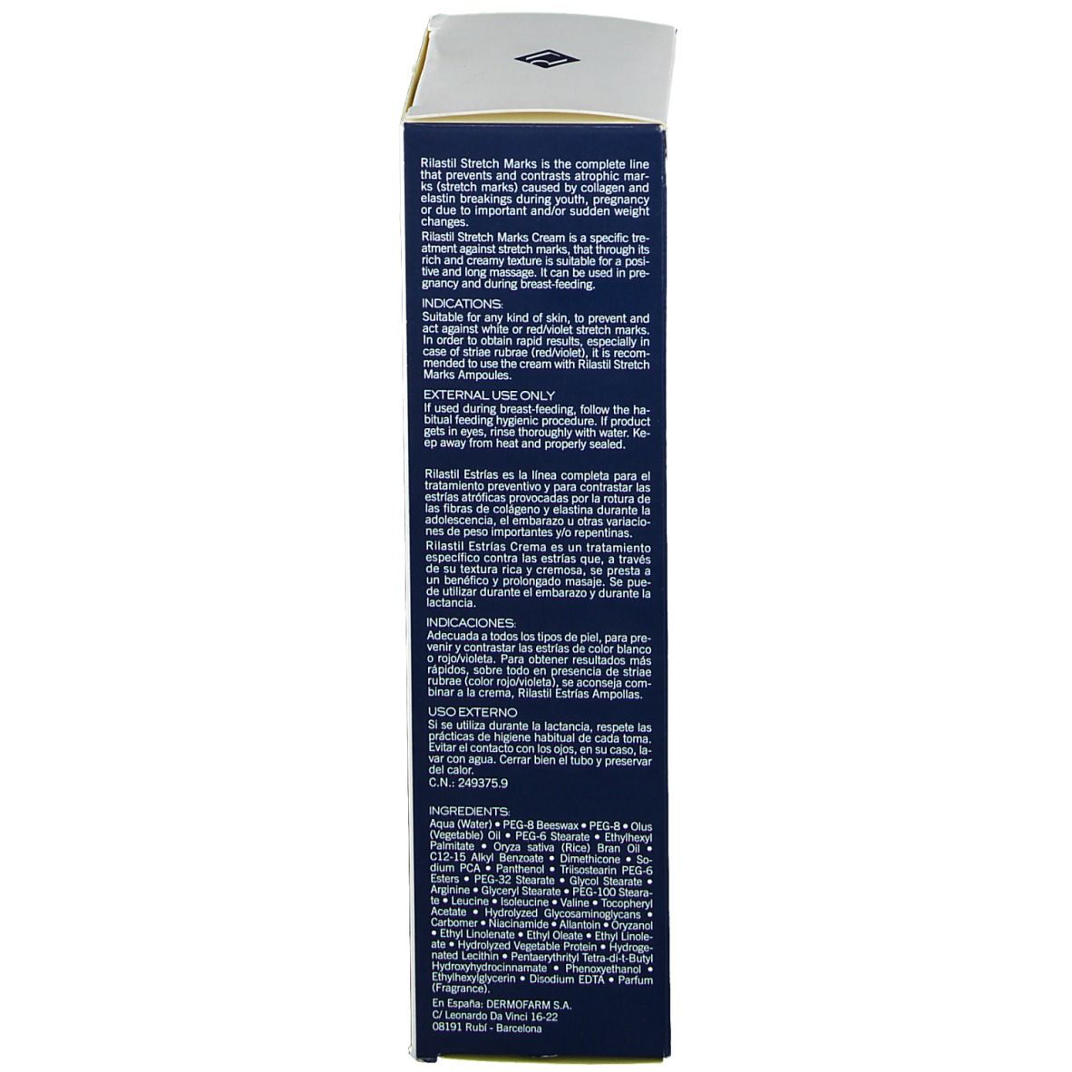 Confezione della crema RILASTIL® SMAGLIATURE. Testo multilingue. Informazioni sul prodotto.