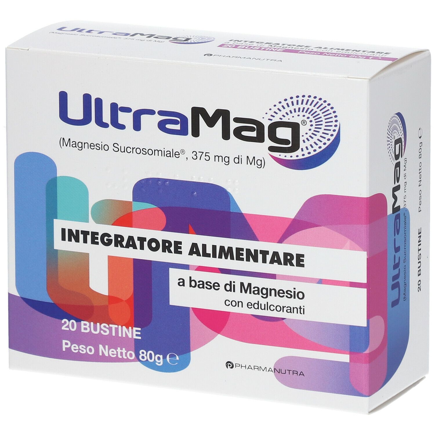 Confezione UltraMag. Scritto: Integratore Alimentare, 20 Bustine. Contiene Magnesio Sucrosomiale. Design blu, viola.