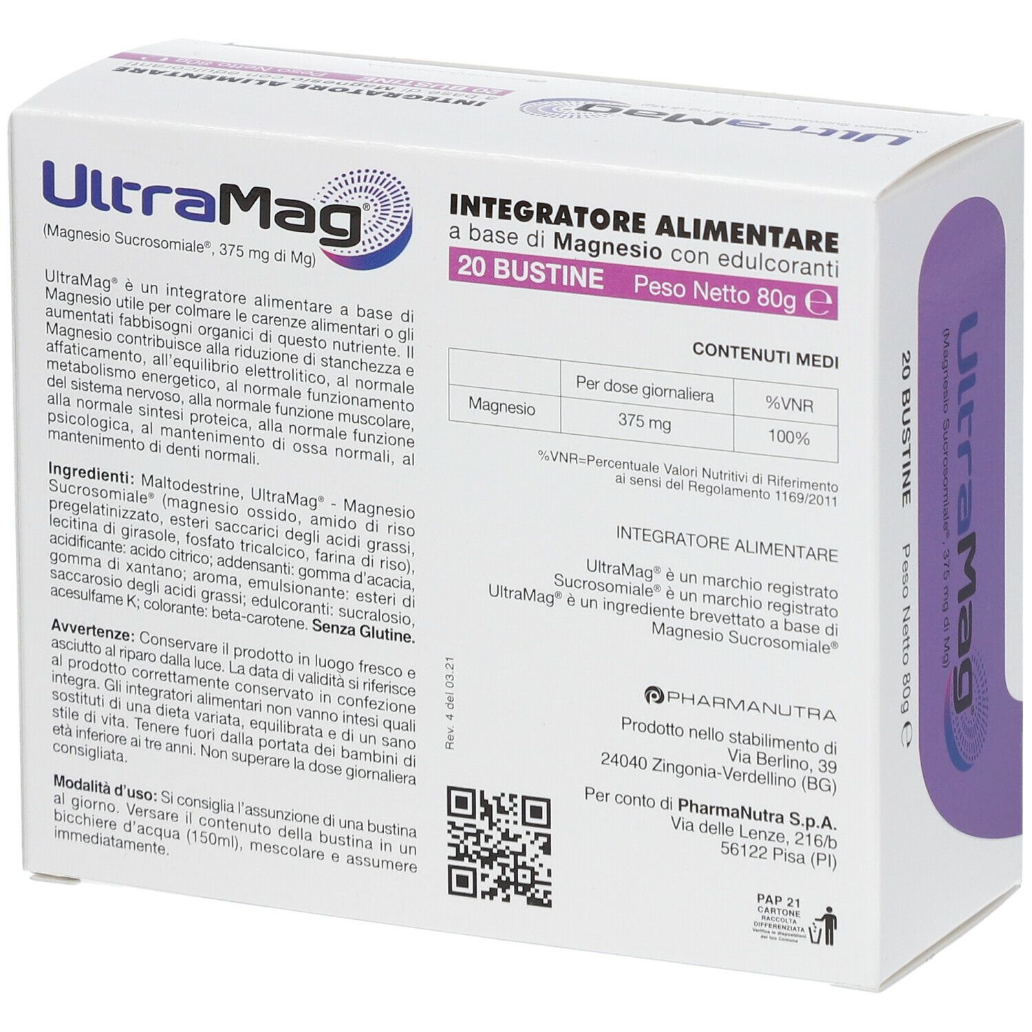 Confezione UltraMag. Retro con informazioni nutrizionali, ingredienti e istruzioni per l'uso. Contiene Magnesio Sucrosomiale.