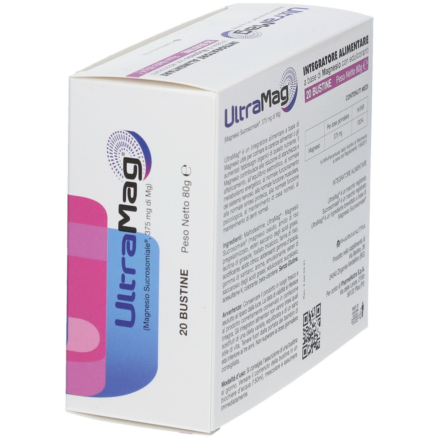 Confezione UltraMag. Scritto: Integratore Alimentare, 20 Bustine. Contiene Magnesio Sucrosomiale. Design blu, viola.