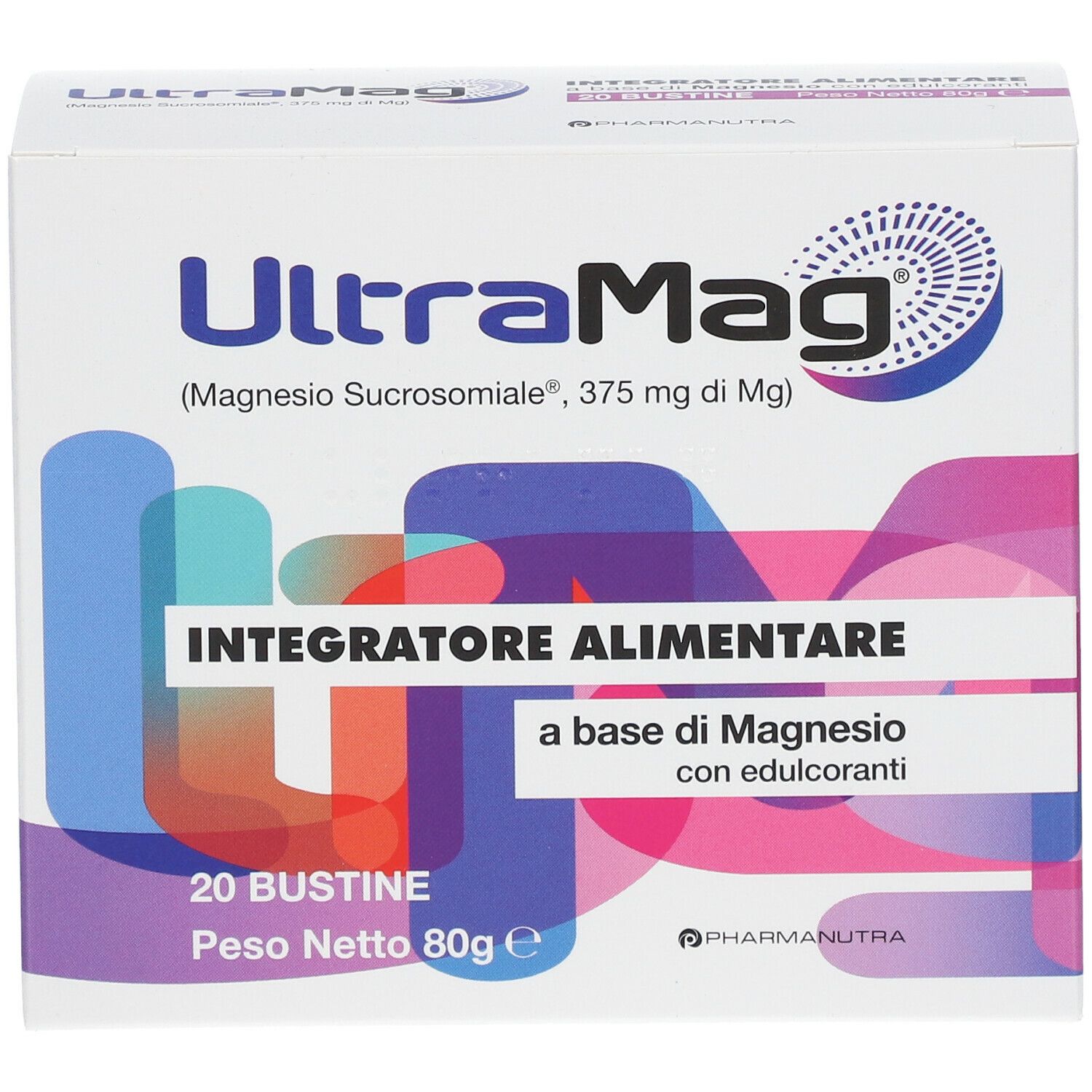 Confezione UltraMag. Scritto: Integratore Alimentare, 20 Bustine. Contiene Magnesio Sucrosomiale. Design blu, viola.