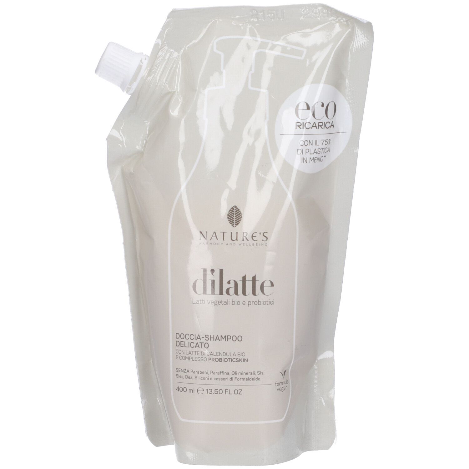 Ricarica. Scritta: Nature's Dilatte Docciashampoo. Eco Ricarica. Con il 75% di plastica in meno.