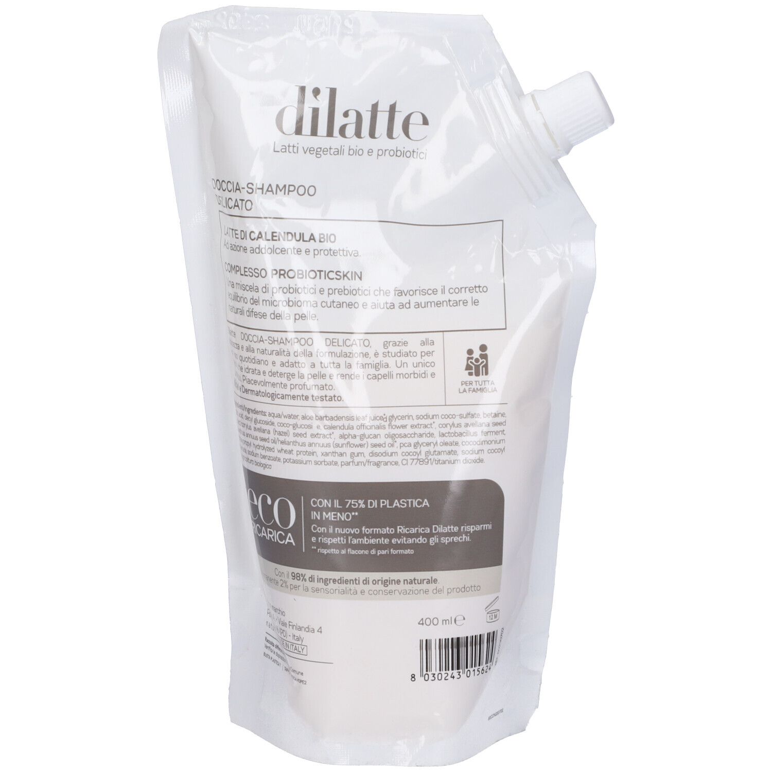 Ricarica. Retro con testo. Scritta: Dilatte Docciashampoo. Eco Ricarica. 400 ml.