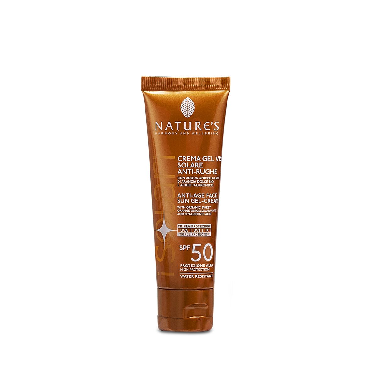 Tubo marrone di crema solare. Testo: NATURE'S, Crema Gel Viso Solare Anti-rughe SPF50. Resistente all'acqua.