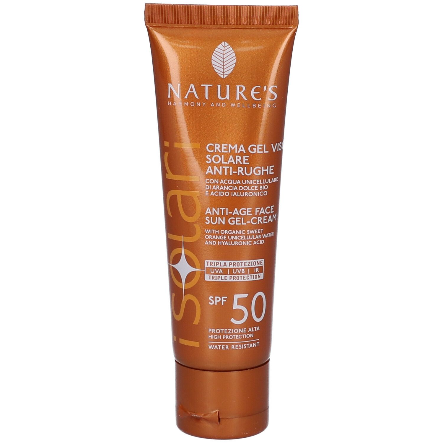 Tubo marrone di crema solare. Testo: NATURE'S iSolari, Anti-Age Face Sun Gel-Cream SPF50. Tripla protezione.