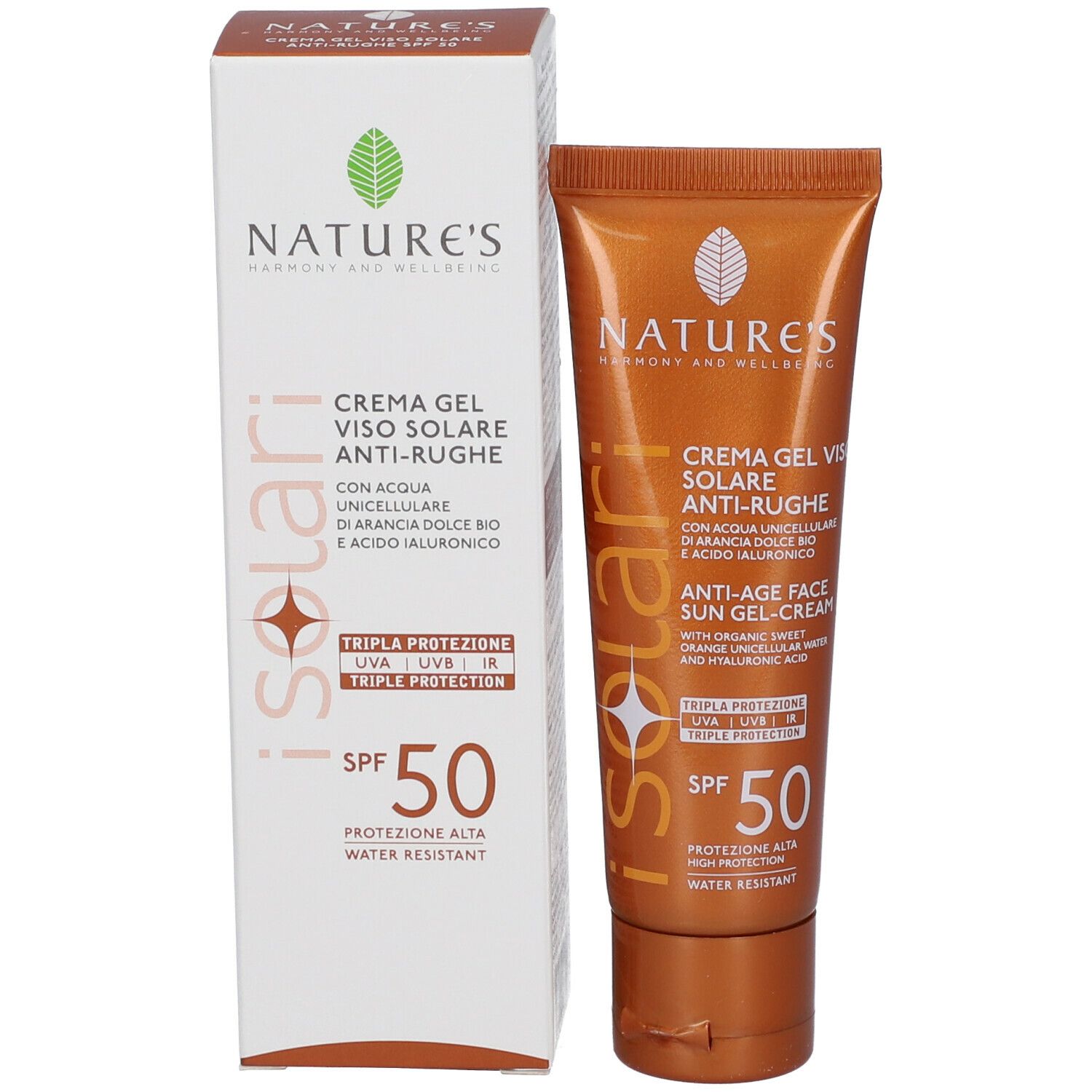 Confezione del prodotto con tubo. Testo: NATURE'S iSolari, Crema Gel Viso Solare Anti-rughe SPF50. Tripla protezione.