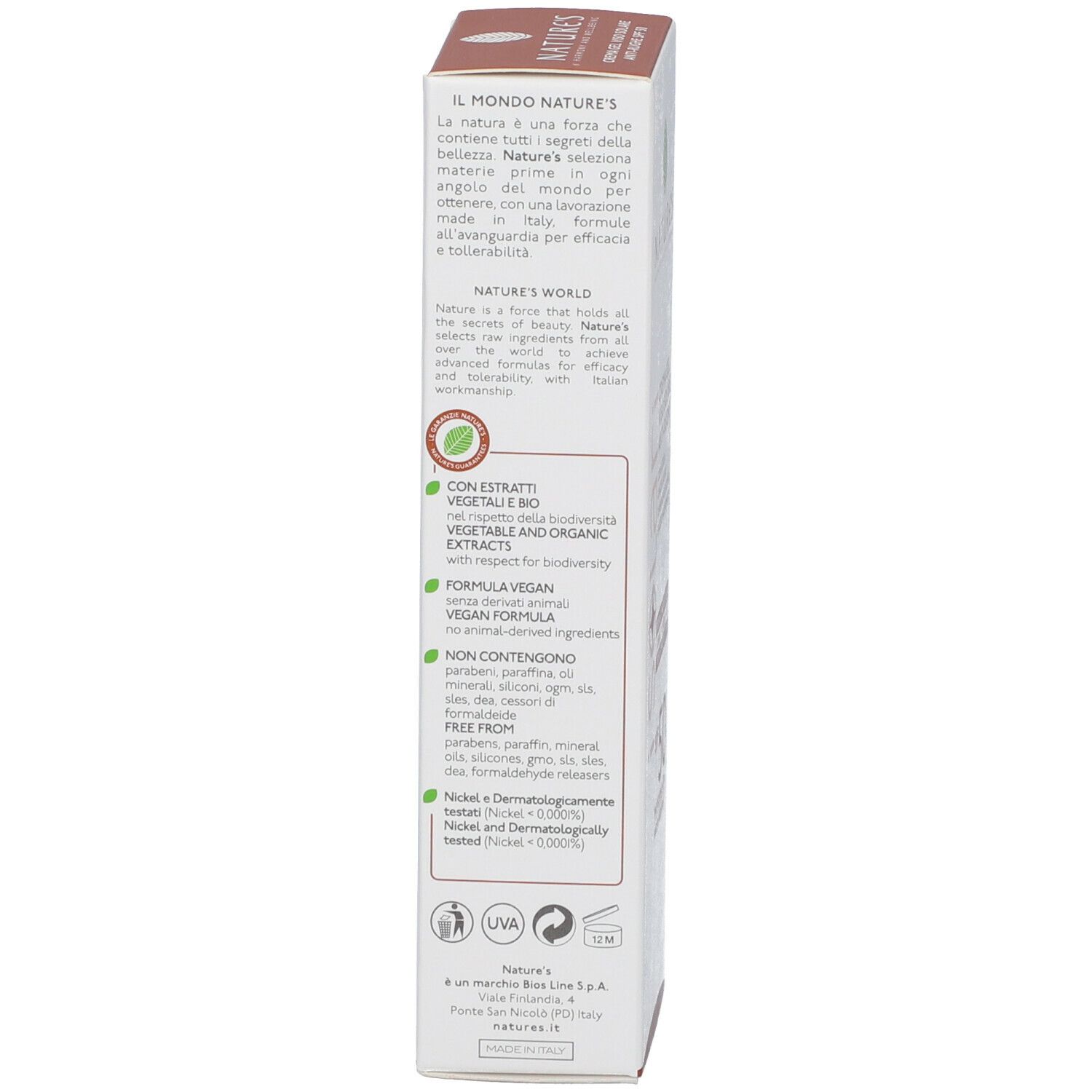 Confezione del prodotto. Testo: NATURE'S, con estratti bio, vegano, senza oli minerali. Testato al nichel.