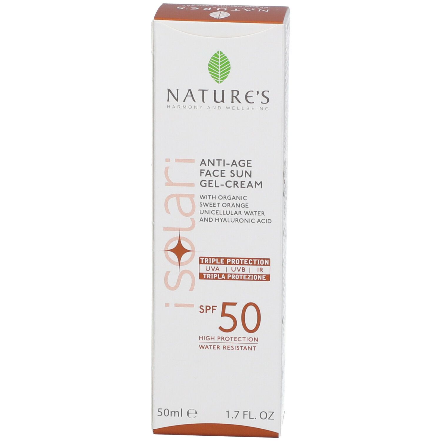 Confezione del prodotto. Testo: NATURE'S iSolari, Anti-Age Face Sun Gel-Cream SPF50. 50ml.