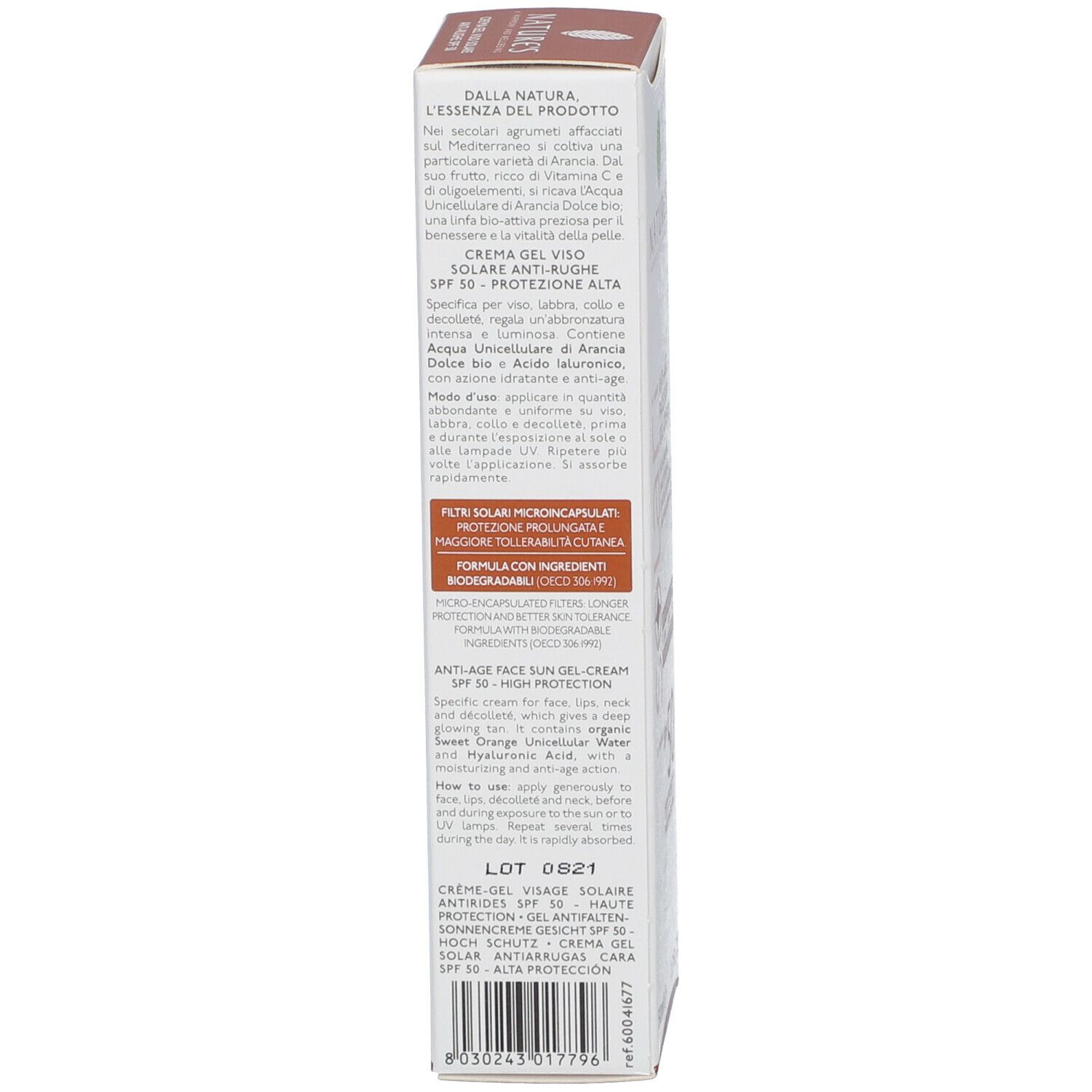 Confezione del prodotto. Testo: NATURE'S, Crema Gel Viso Solare Anti-rughe SPF50. Modo d'uso.