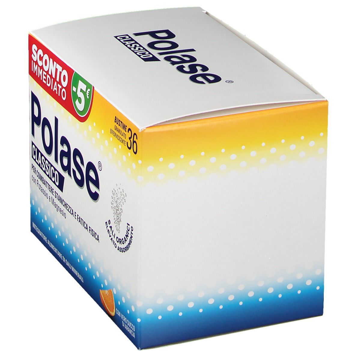 Confezione Polase Classico inclinata. Scritto: 'Sconto Immediato -5€', '36 Bustine'.