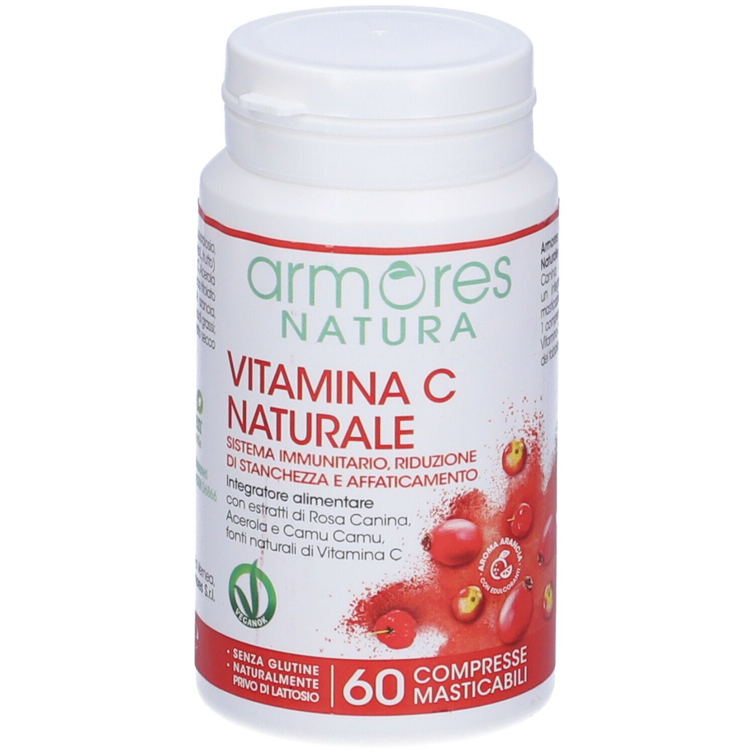 Flacone bianco Armores Natura Vitamina C Naturale. 60 compresse masticabili. Sigillo Vegan.