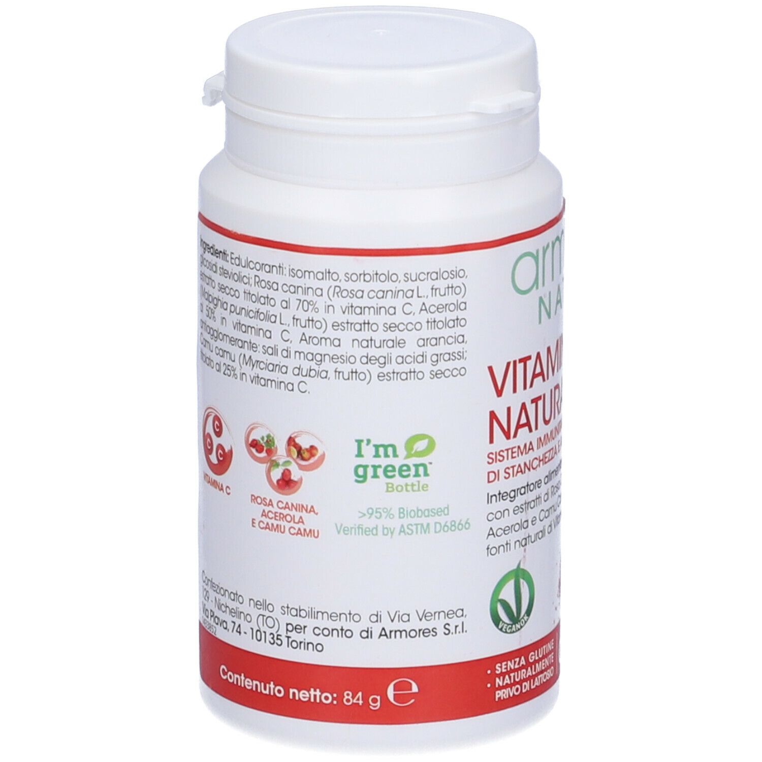 Retro del flacone bianco Armores Natura Vitamina C Naturale. Ingredienti e certificazione.