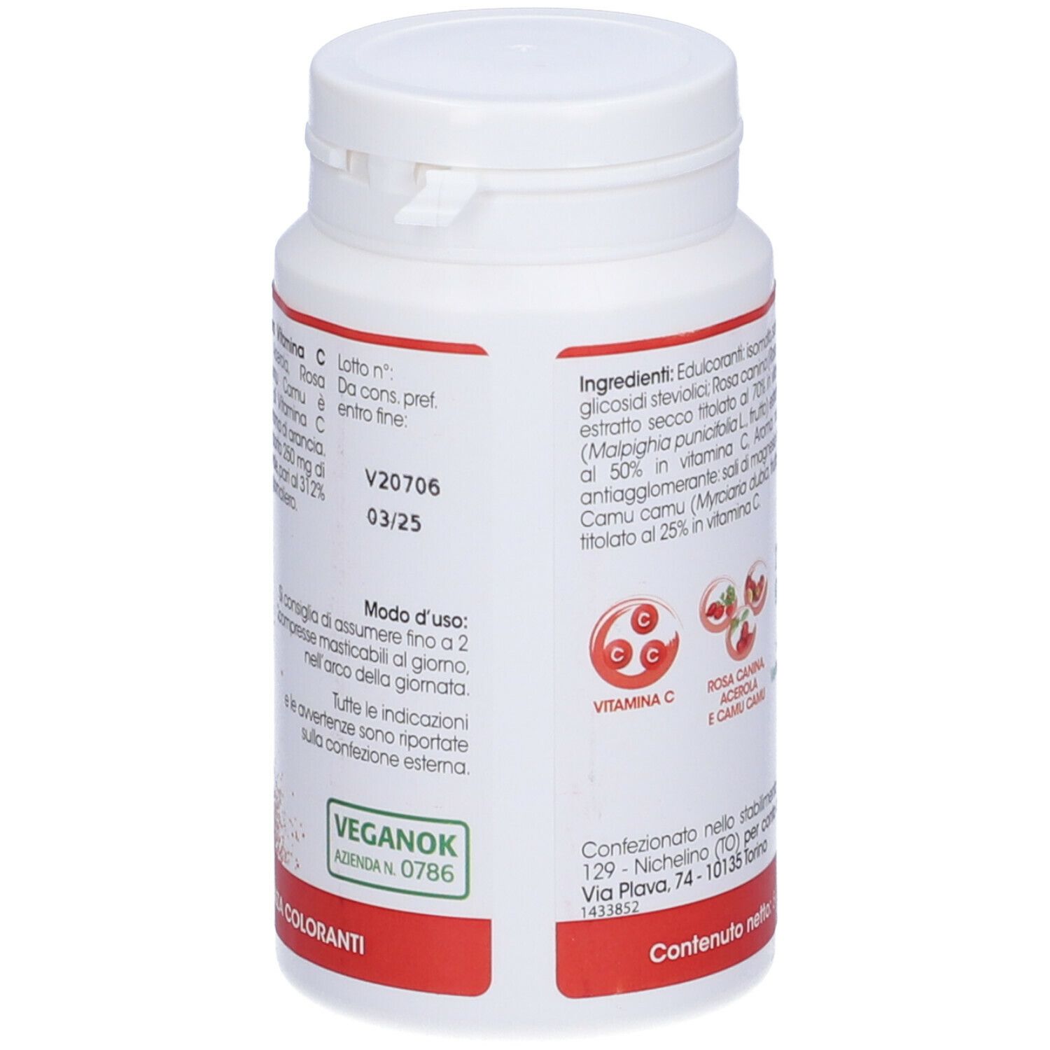 Retro del flacone bianco Armores Natura Vitamina C Naturale. Informazioni e numero di lotto.