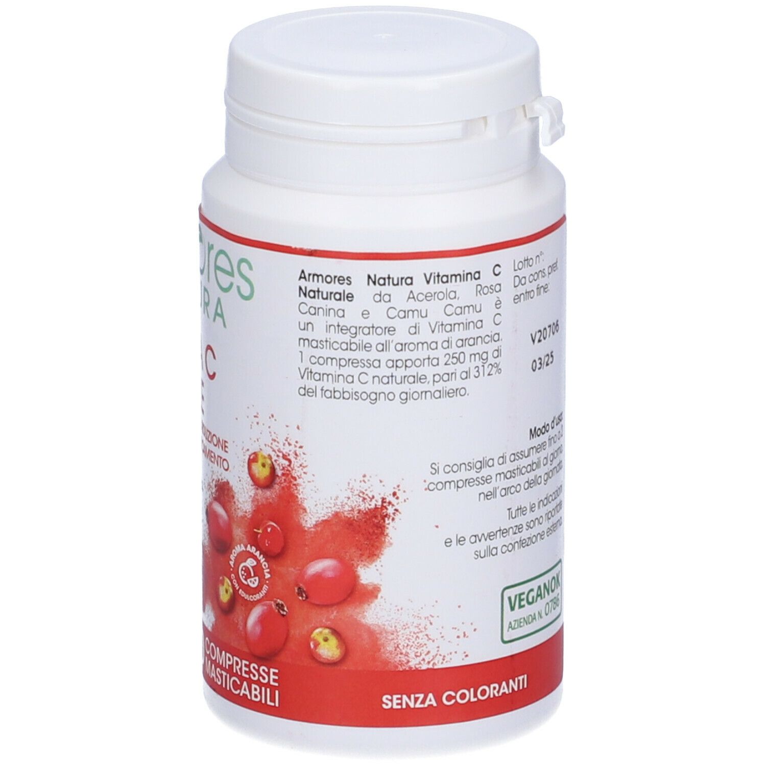 Flacone bianco Armores Natura Vitamina C Naturale. Dettagli ingredienti e dosaggio.