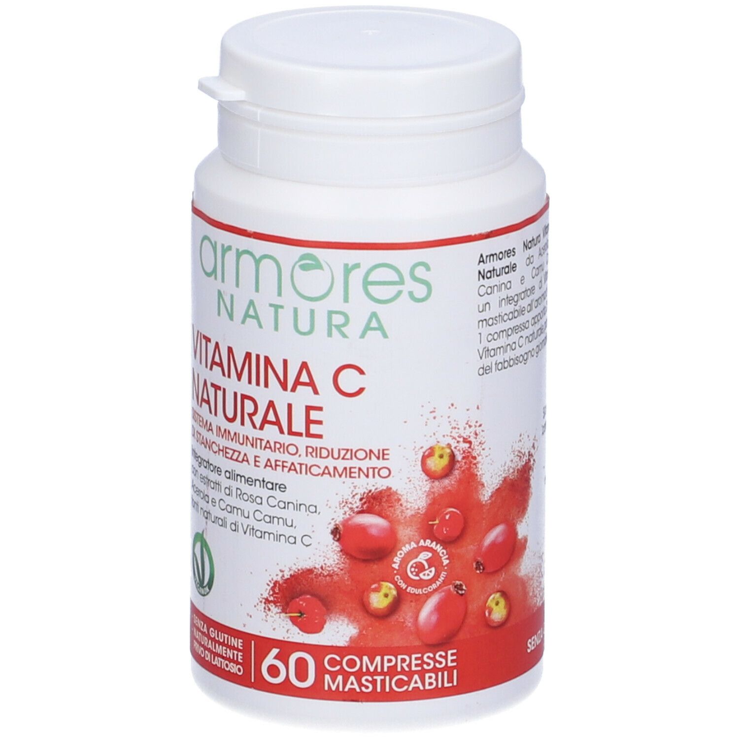 Flacone bianco Armores Natura Vitamina C Naturale. 60 compresse masticabili. Sigillo Vegan.