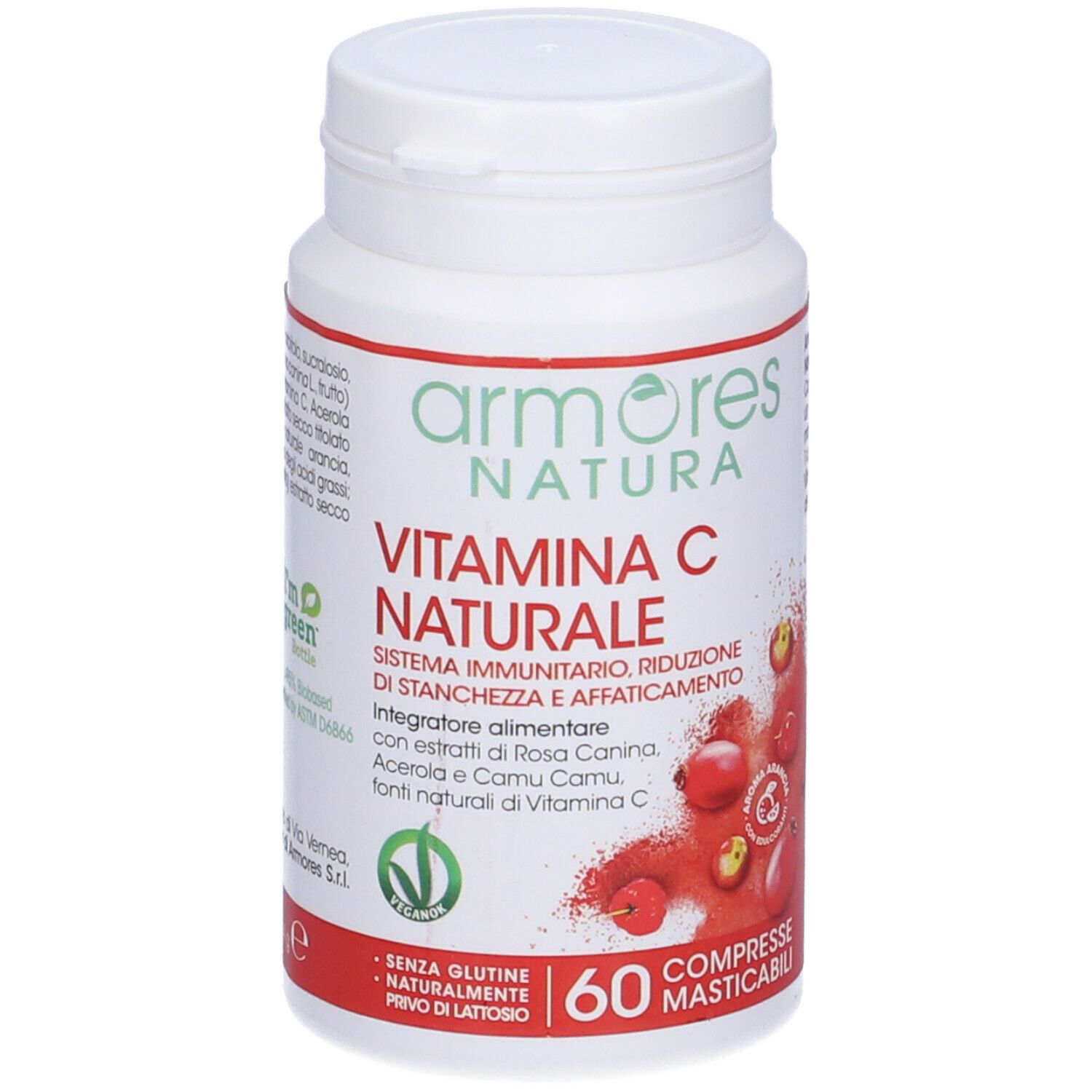 Flacone bianco Armores Natura Vitamina C Naturale. 60 compresse masticabili. Sigillo Vegan.