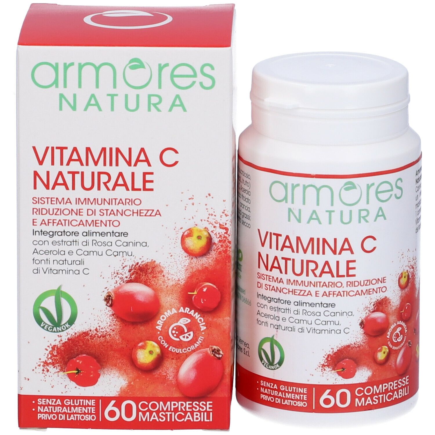 Armores Natura Vitamina C Naturale, flacone e scatola. 60 compresse masticabili. Sigillo Vegan.
