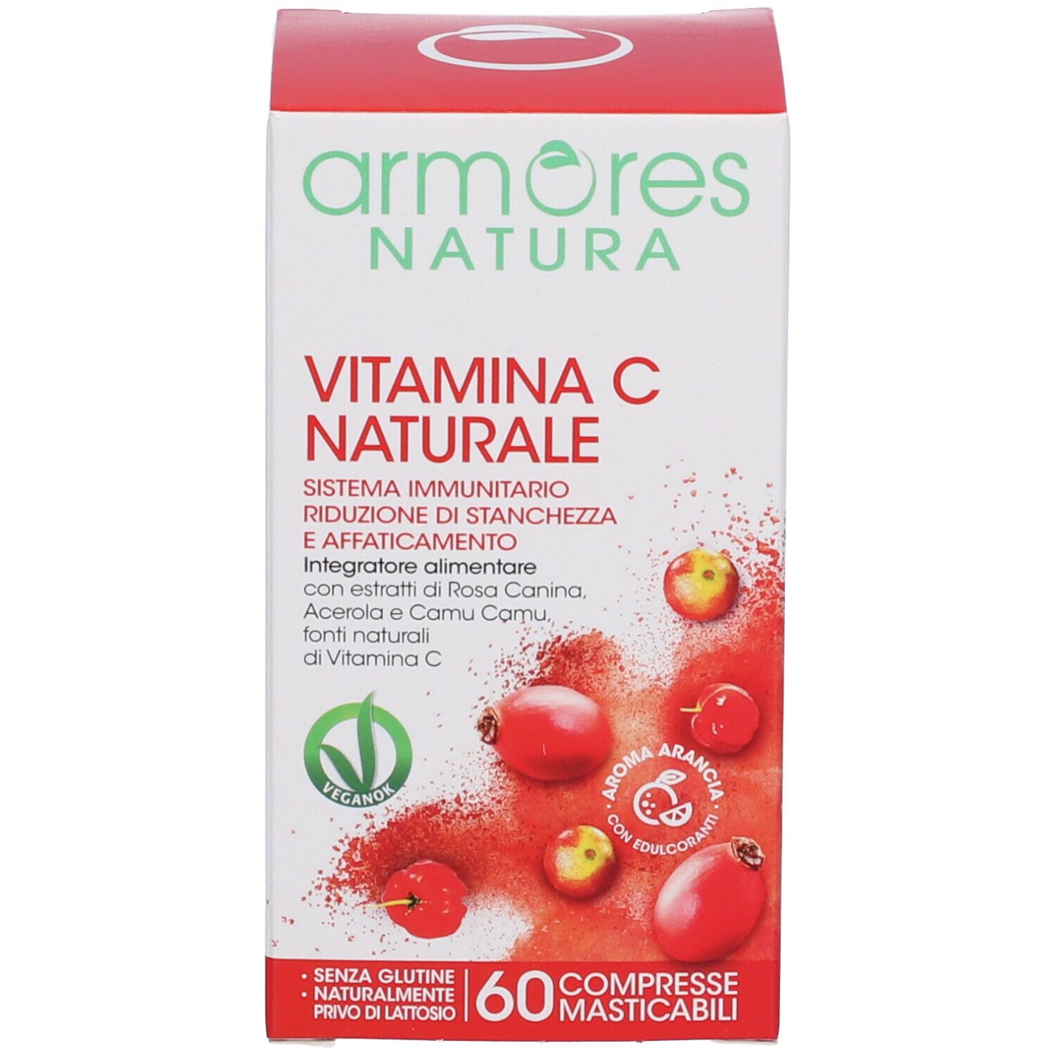 Scatola Armores Natura Vitamina C Naturale. 60 compresse masticabili. Sigillo Vegan.