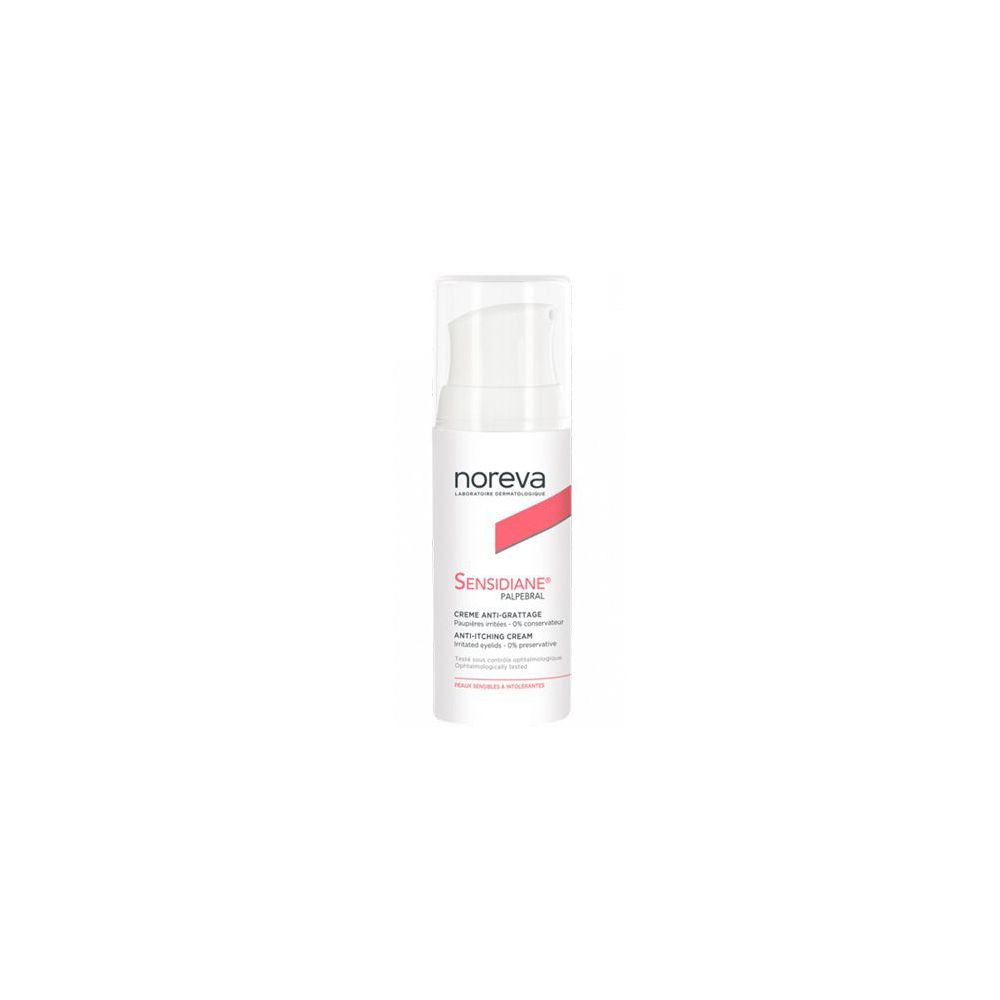 Flacone bianco con dosatore. Scritta Noreva, Sensidiane Palpebral, crema anti-irritazione.