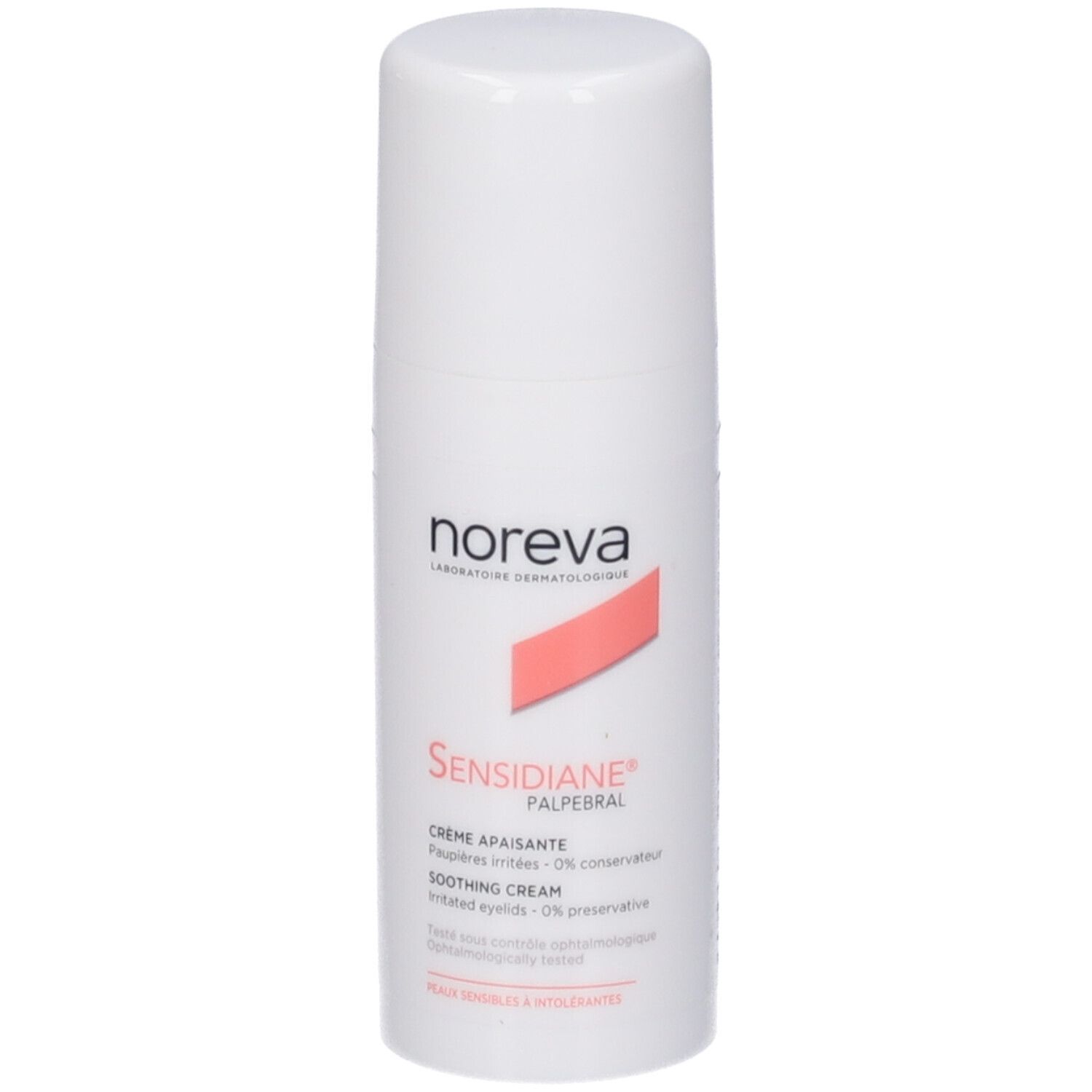 Flacone bianco con scritta Noreva, Sensidiane Palpebral, Crème apaisante. Testo in inglese e francese.