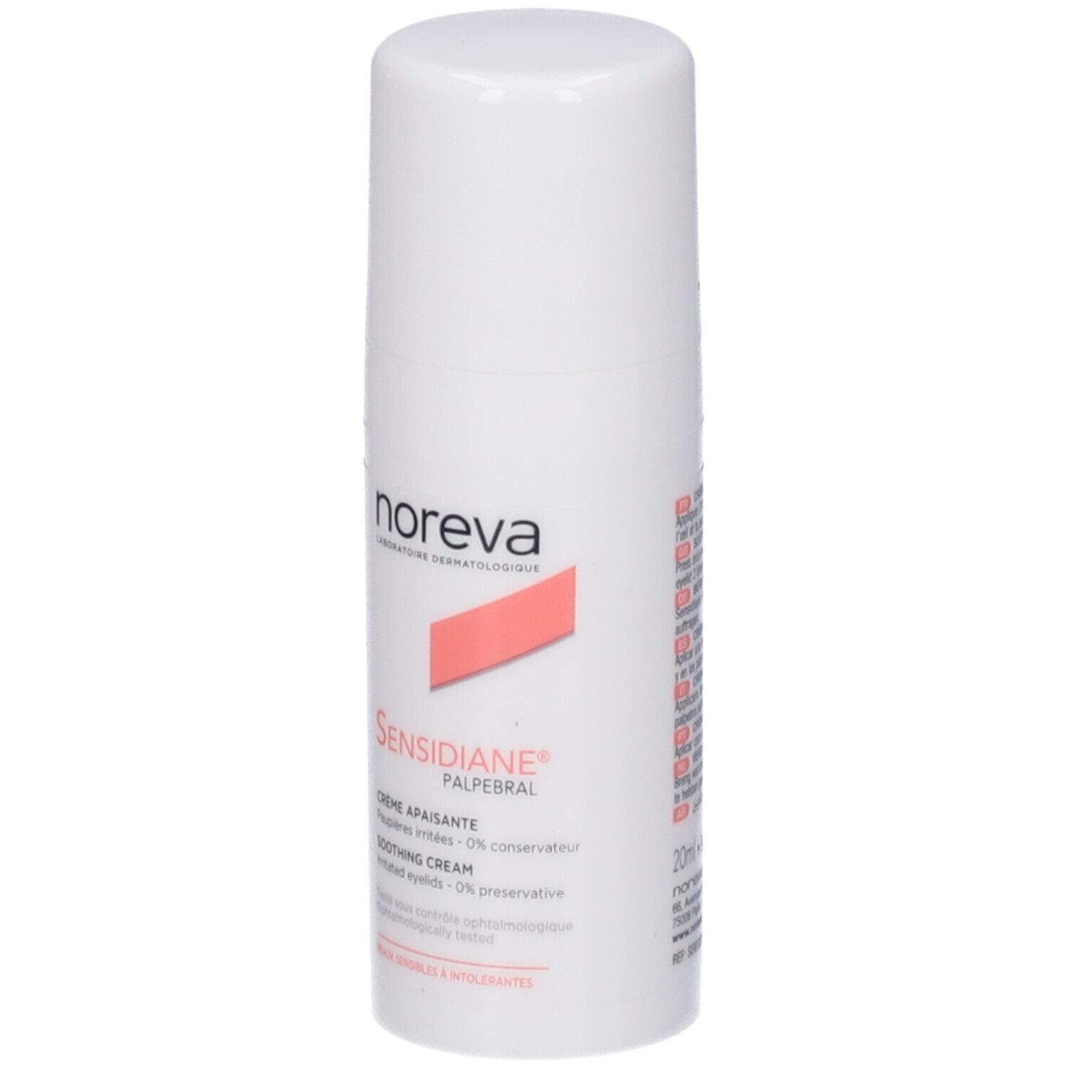 Flacone bianco con scritta Noreva, Sensidiane Palpebral, Crème apaisante. Testo in inglese e francese.