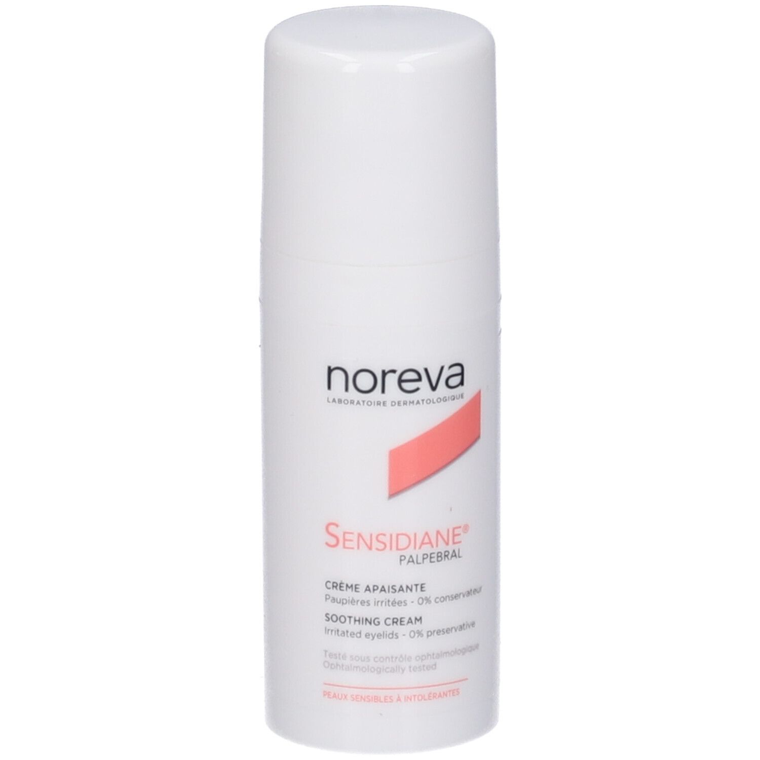 Flacone bianco con scritta Noreva, Sensidiane Palpebral, Crème apaisante. Testo in inglese e francese.