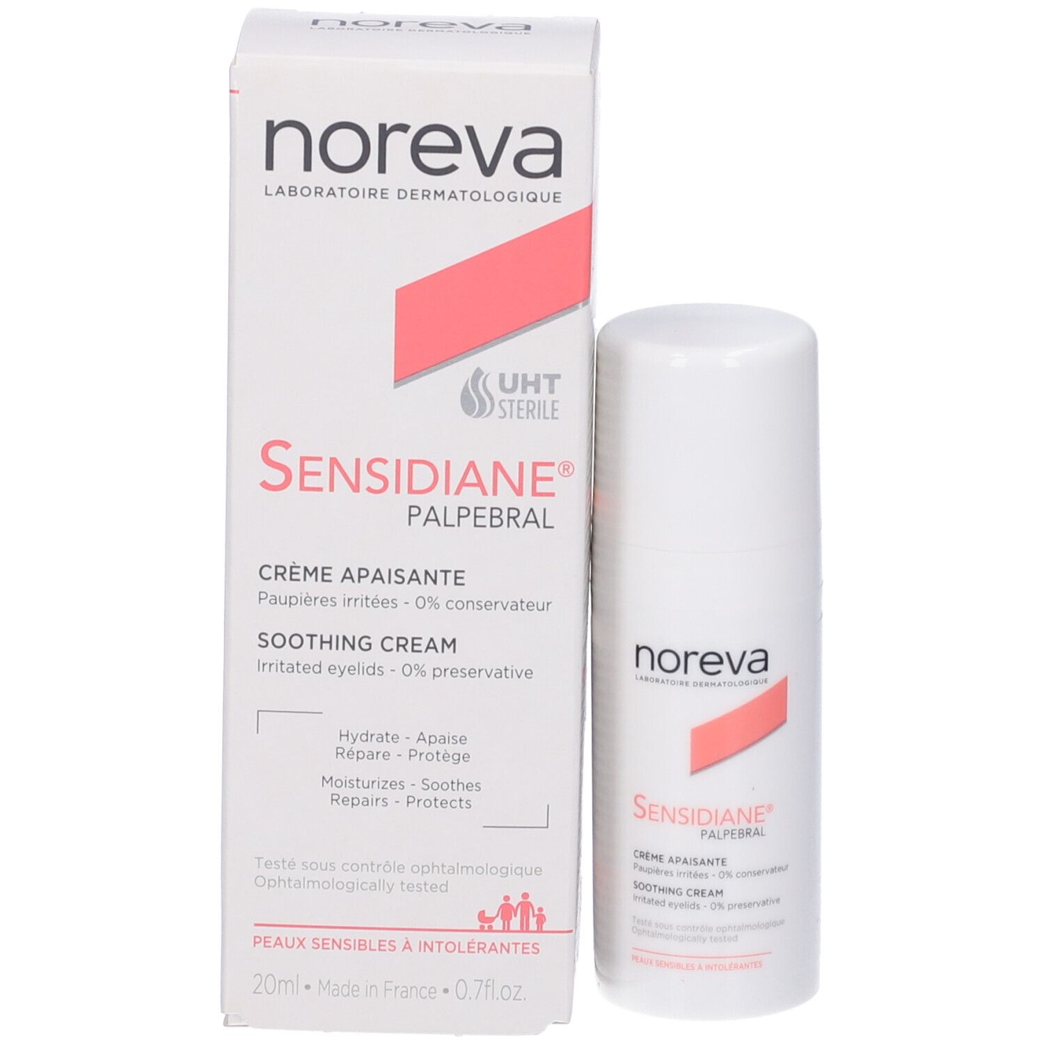 Confezione e flacone. Scritta Noreva, Sensidiane Palpebral, Crème apaisante. Testo in inglese e francese.