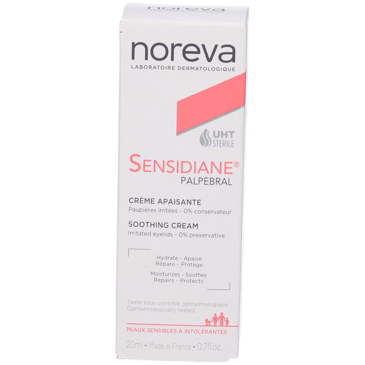 Confezione del prodotto. Scritta Noreva, Sensidiane Palpebral, Crème apaisante. Testo in inglese e francese.