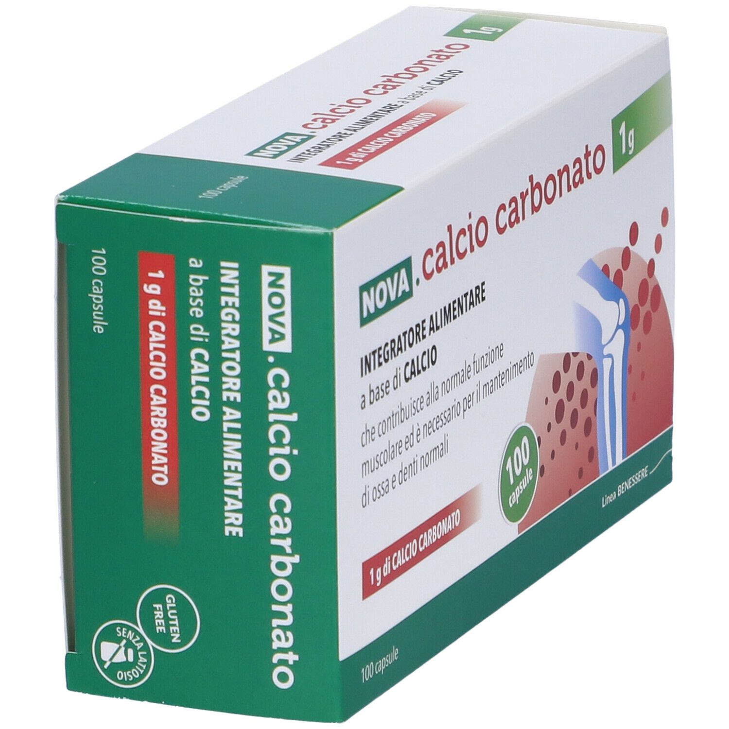 Scatola angolata di NOVA .calcio carbonato 1g. Contiene 100 capsule. Scritto: Integratore alimentare a base di calcio.