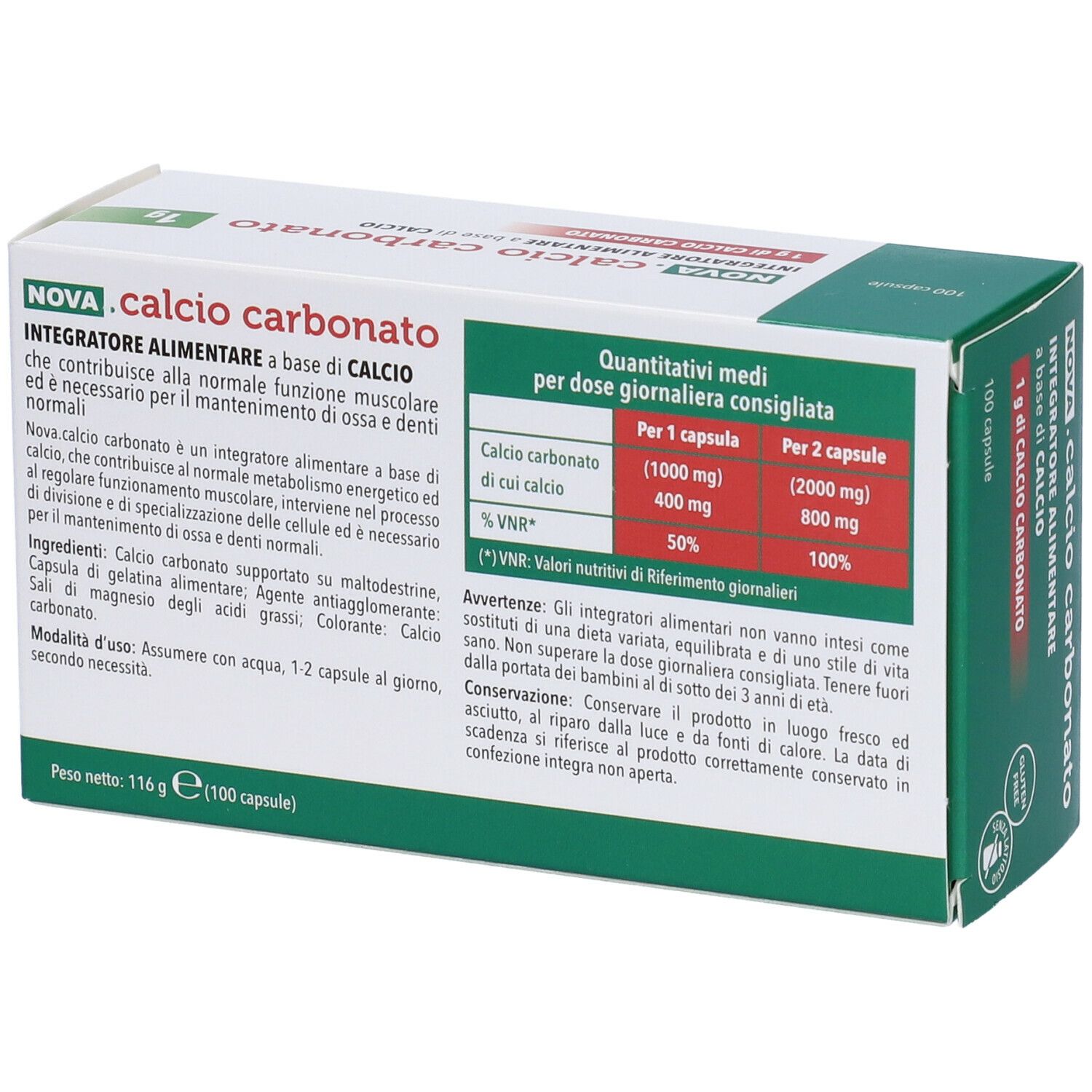 Retro della confezione di NOVA .calcio carbonato 1g. Contiene informazioni su ingredienti e dosaggio.