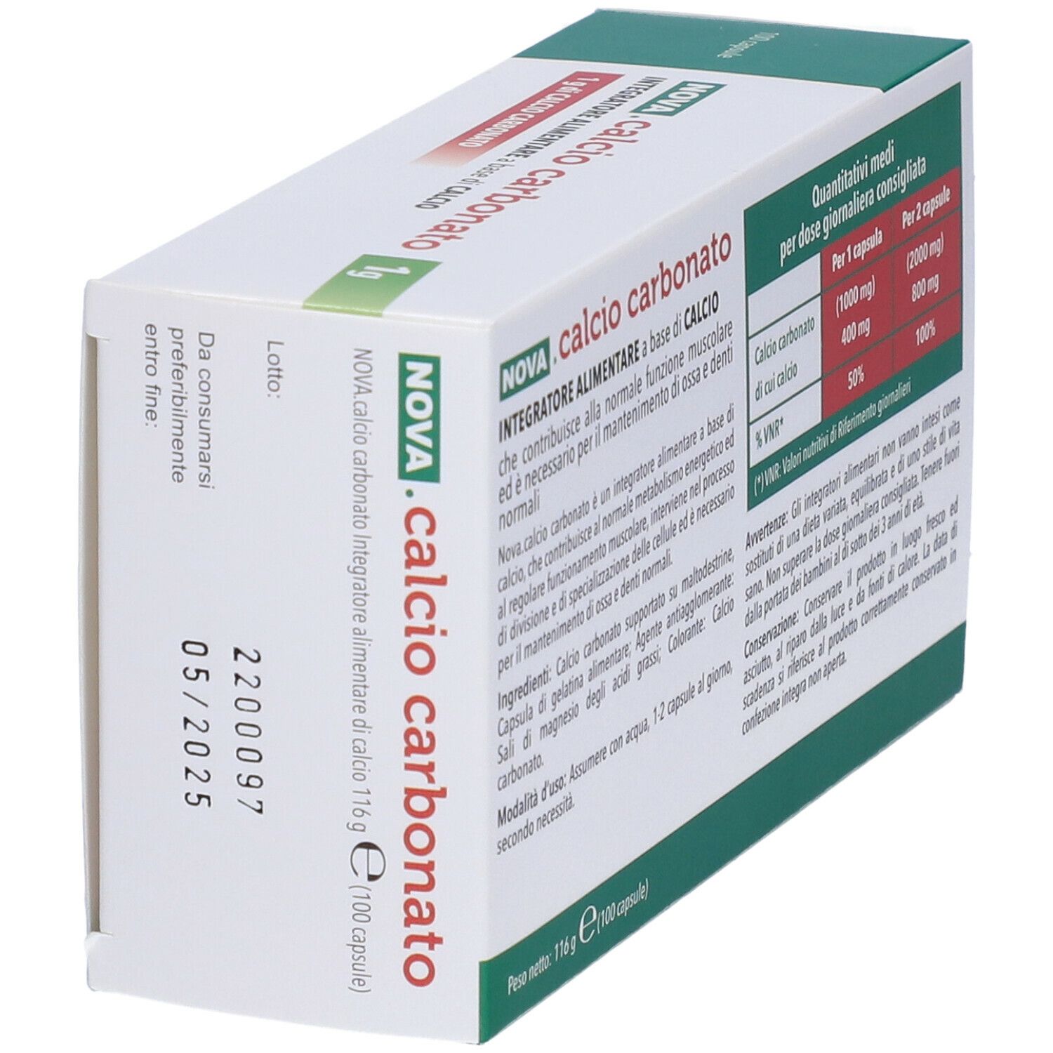 Confezione di NOVA .calcio carbonato 1g. Mostra la data di scadenza. Contiene 100 capsule. Scritto: Integratore alimentare a base di calcio.
