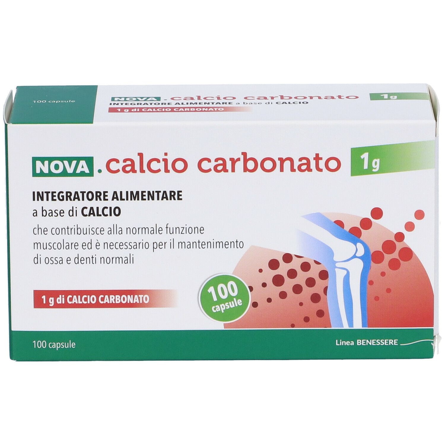 Scatola di NOVA .calcio carbonato 1g. Contiene 100 capsule. Scritto: Integratore alimentare a base di calcio.