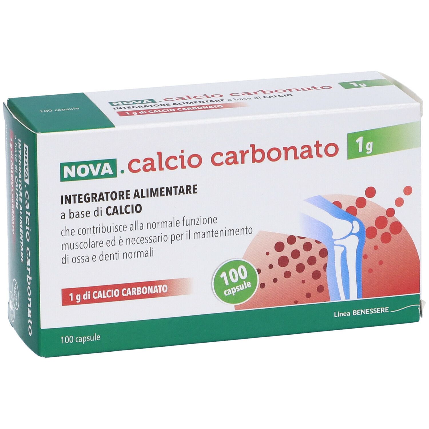 Scatola di NOVA .calcio carbonato 1g. Contiene 100 capsule. Scritto: Integratore alimentare a base di calcio.
