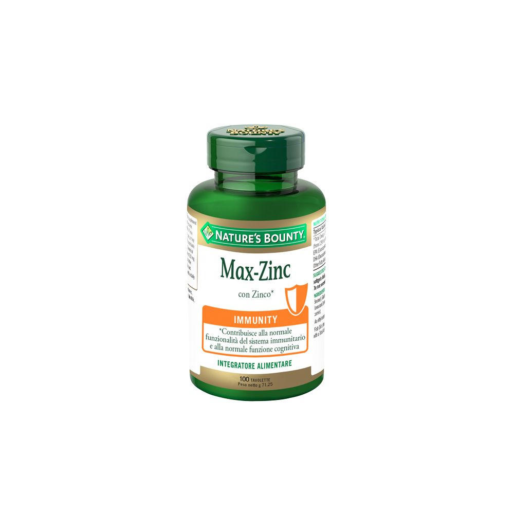 Flacone verde di Max-Zinc, Nature's Bounty. Contiene 100 compresse. Scritta in italiano.