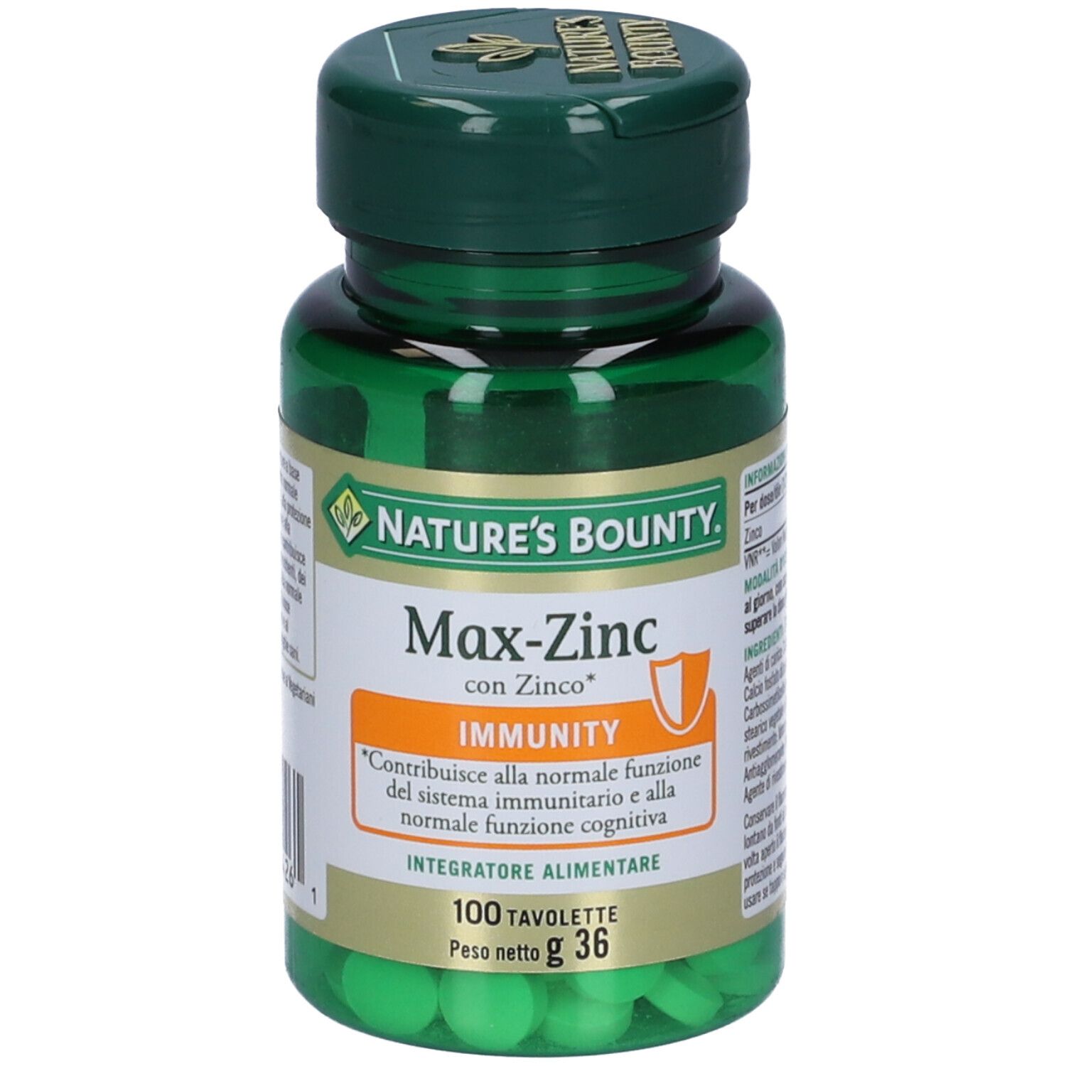 Flacone verde di Max-Zinc, Nature's Bounty. Contiene 100 compresse. Scritta in italiano.