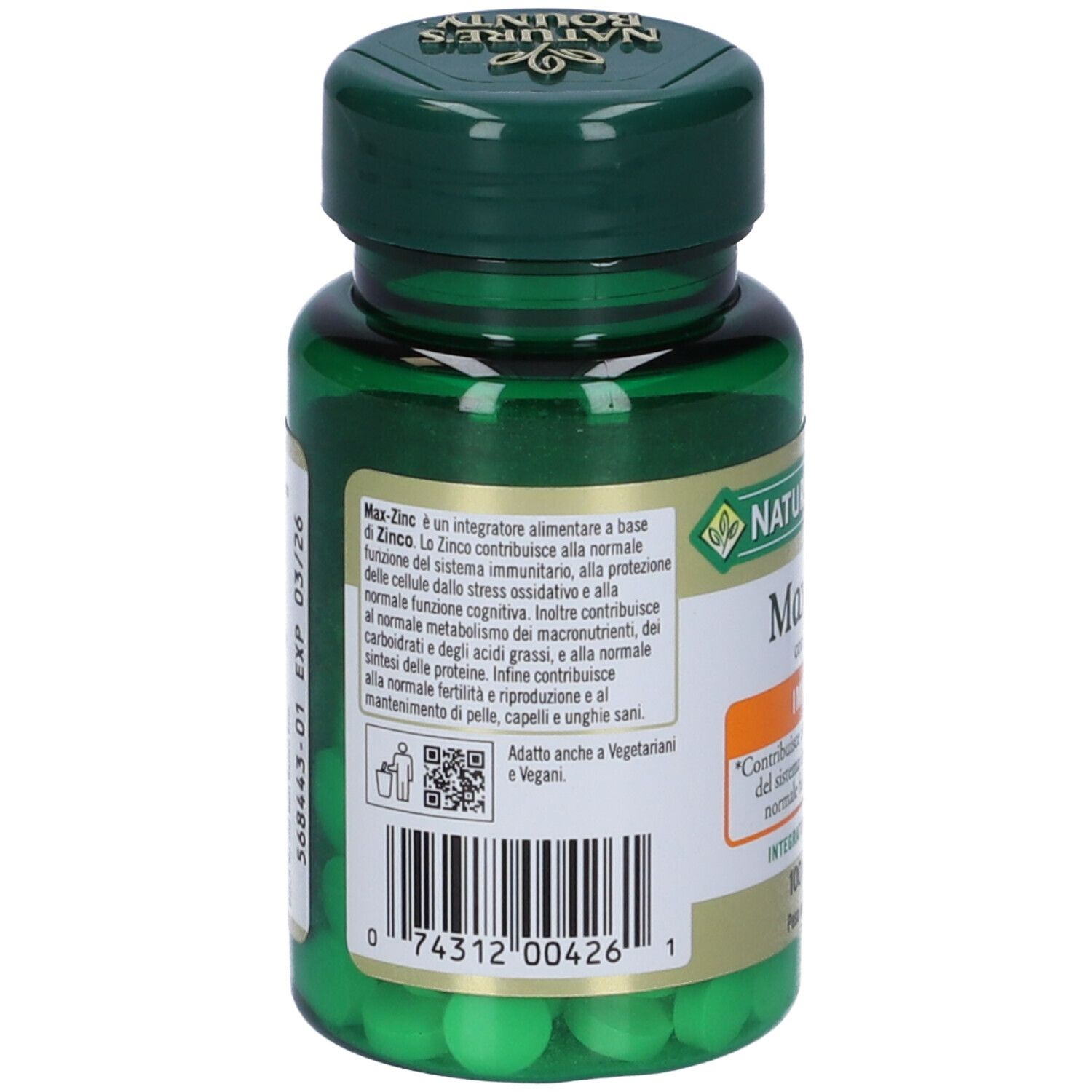 Retro del flacone verde di Max-Zinc, Nature's Bounty. Ingredienti, codice QR. Scritta in italiano.