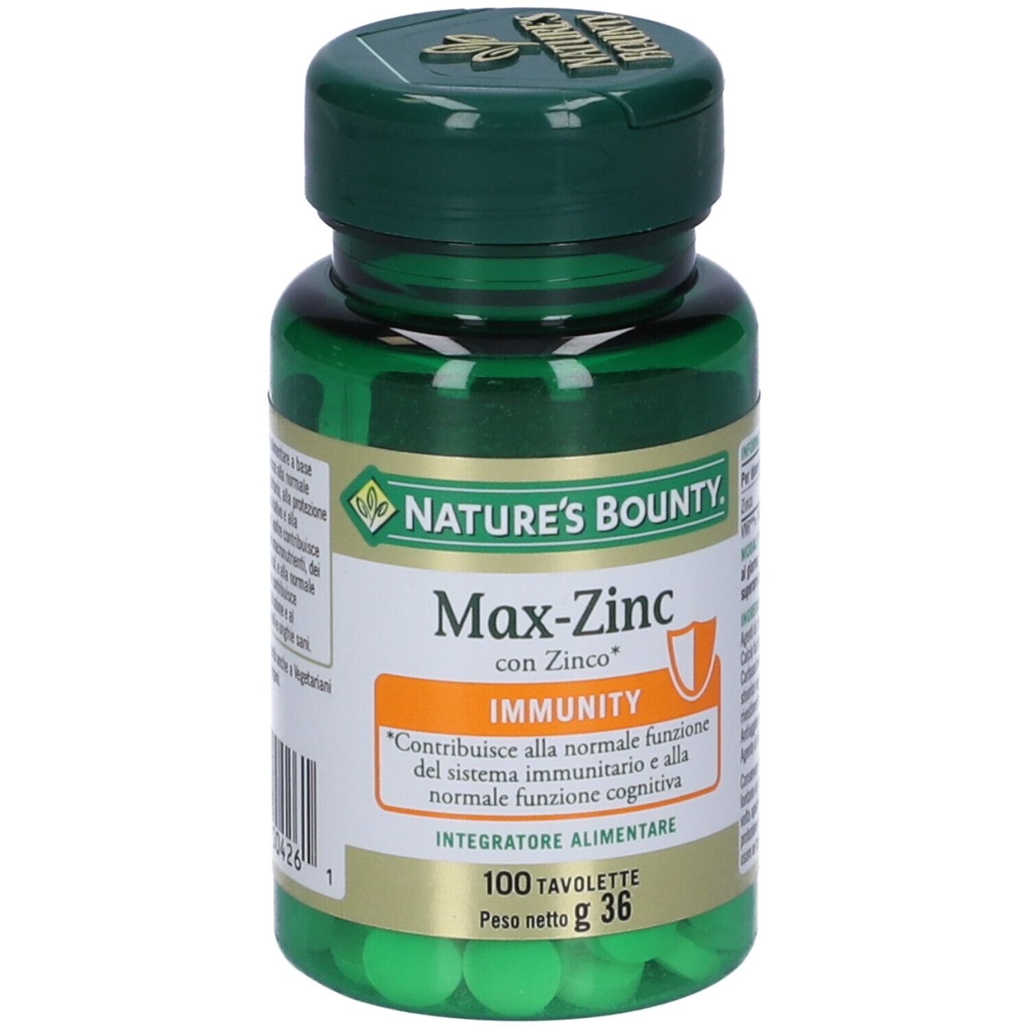 Flacone verde di Max-Zinc, Nature's Bounty. Contiene 100 compresse. Scritta in italiano.
