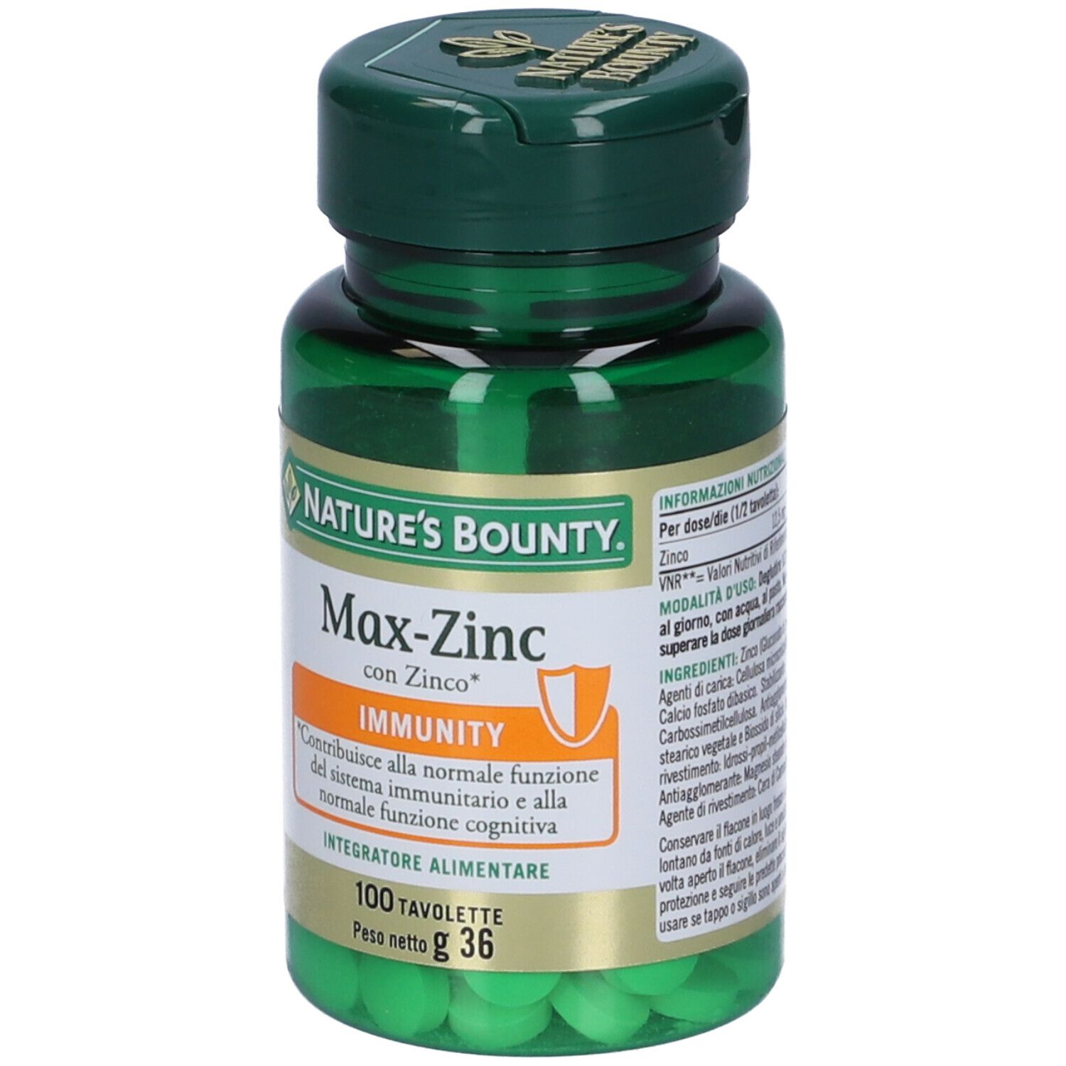 Flacone verde di Max-Zinc, Nature's Bounty. Contiene 100 compresse. Scritta in italiano.