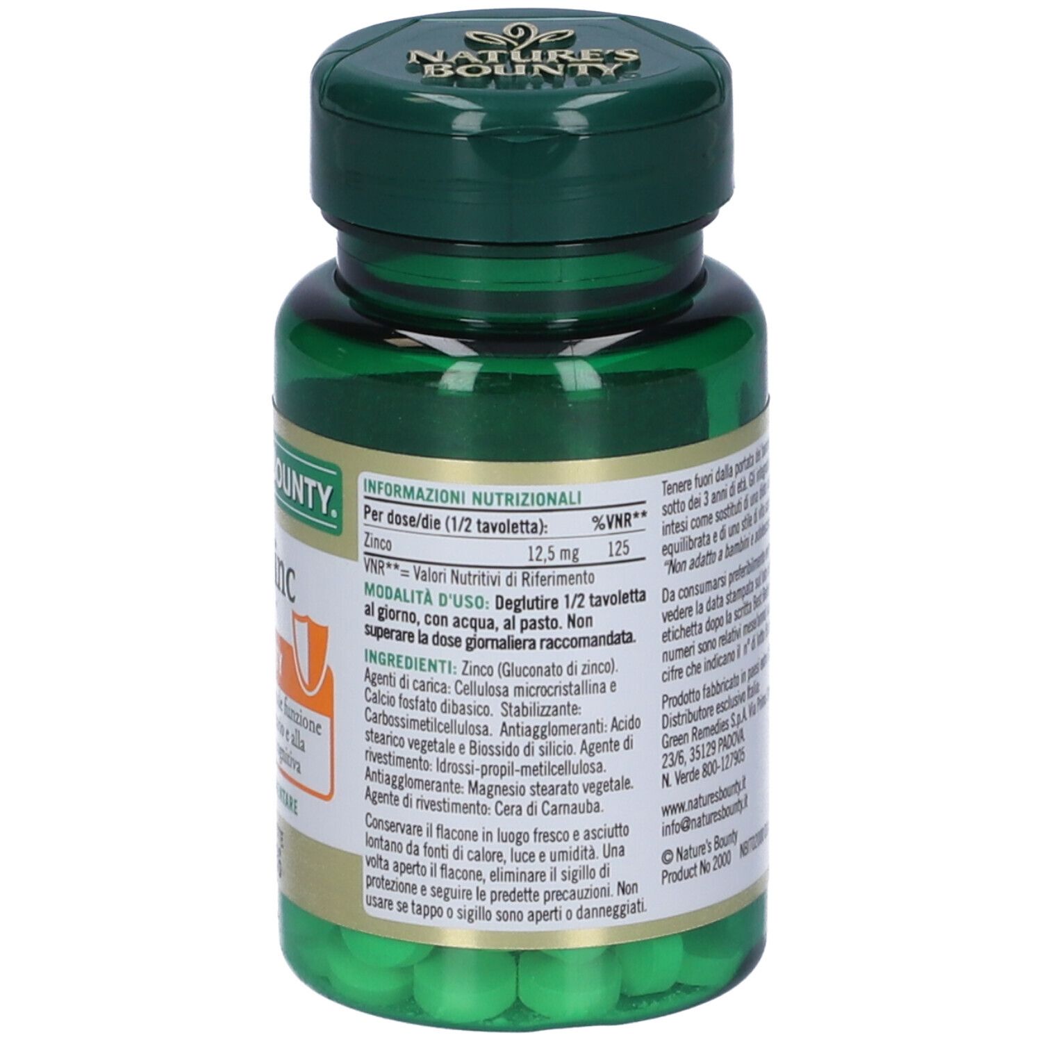 Retro del flacone verde di Max-Zinc, Nature's Bounty. Informazioni nutrizionali. Scritta in italiano.