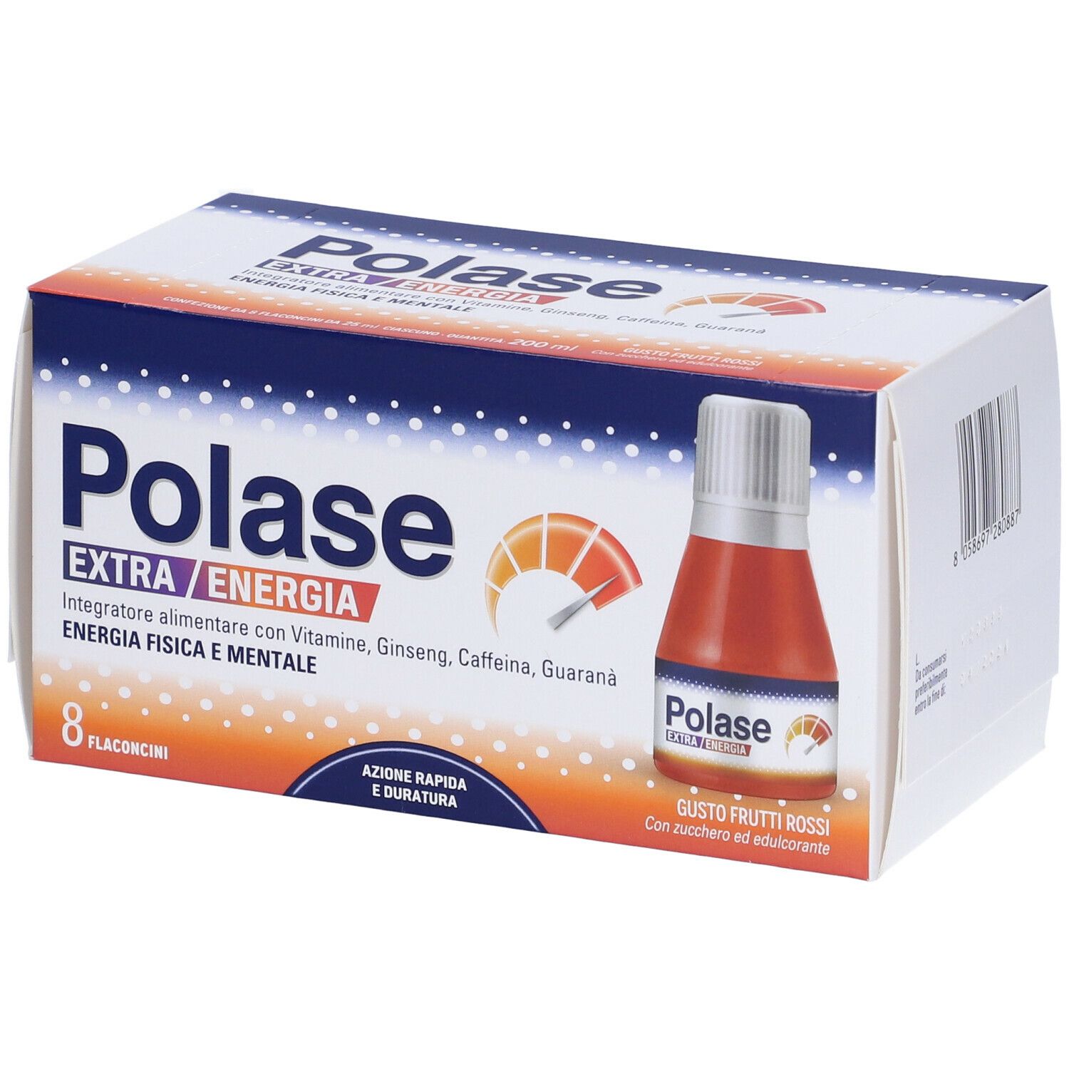 Polase Extra Energia. Confezione da 8 flaconcini. Flaconcino con liquido rosso. Scritta: Gusto Frutti Rossi.
