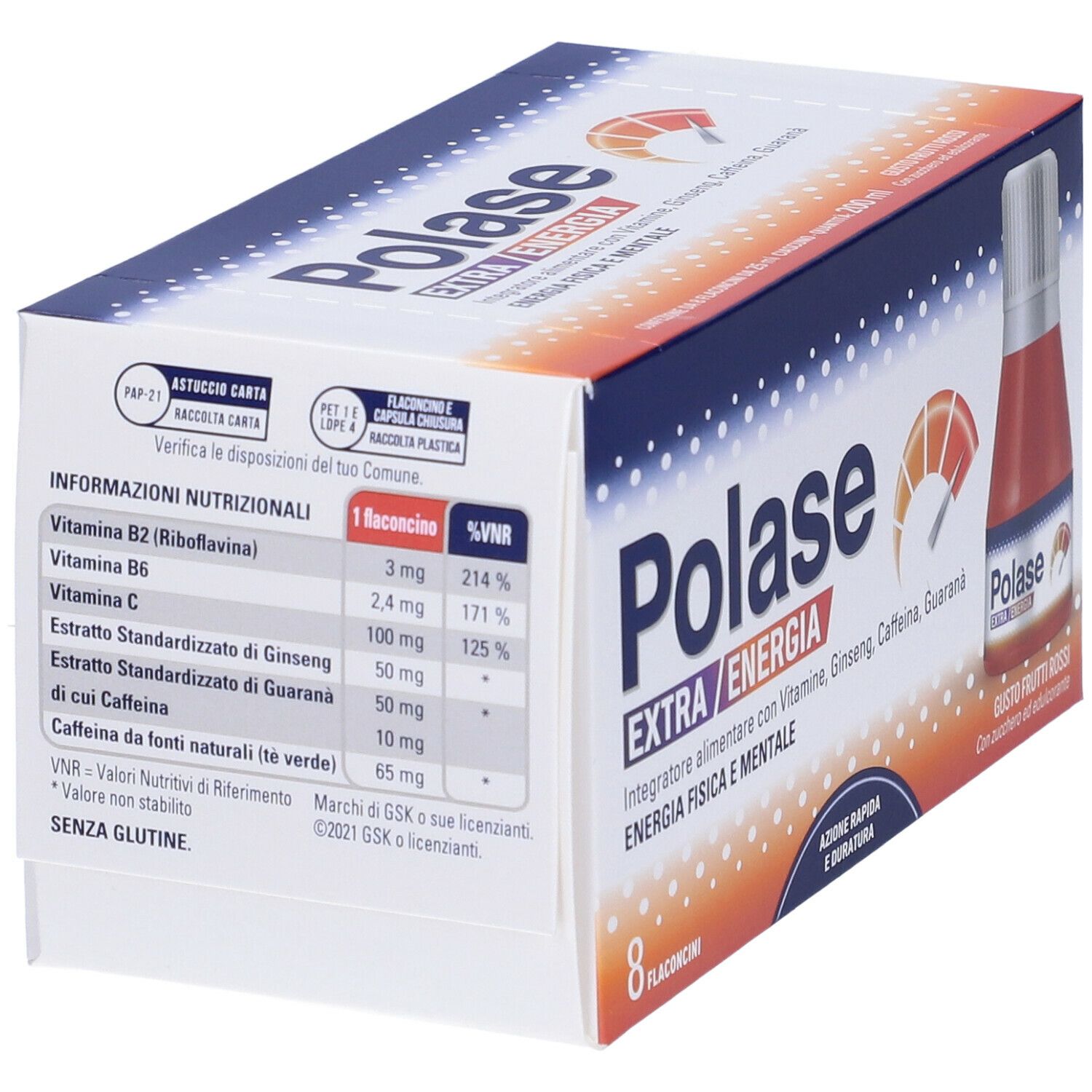 Polase Extra Energia. Confezione da 8 flaconcini. Informazioni nutrizionali. Senza glutine.