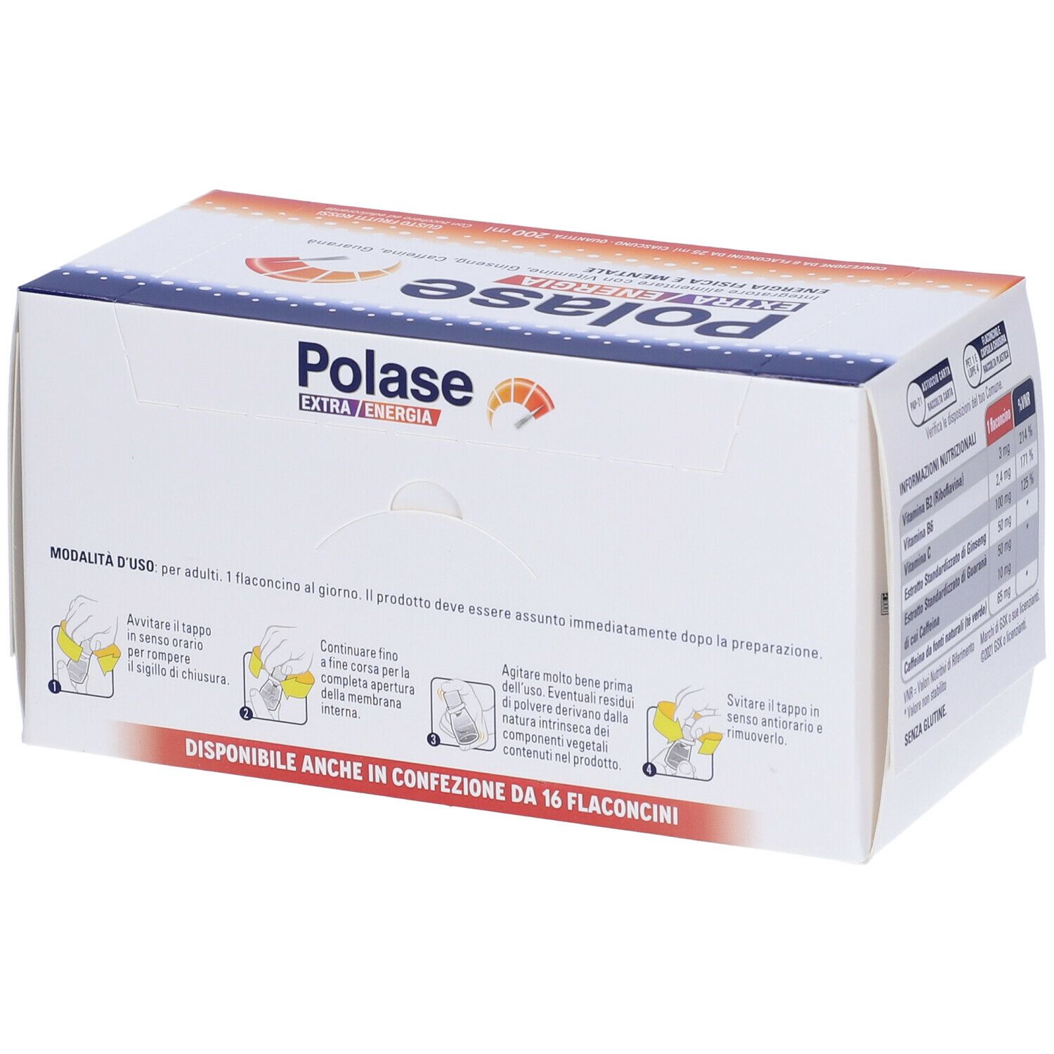Polase Extra Energia. Confezione con istruzioni per l'uso. Disponibile in 16 flaconcini.