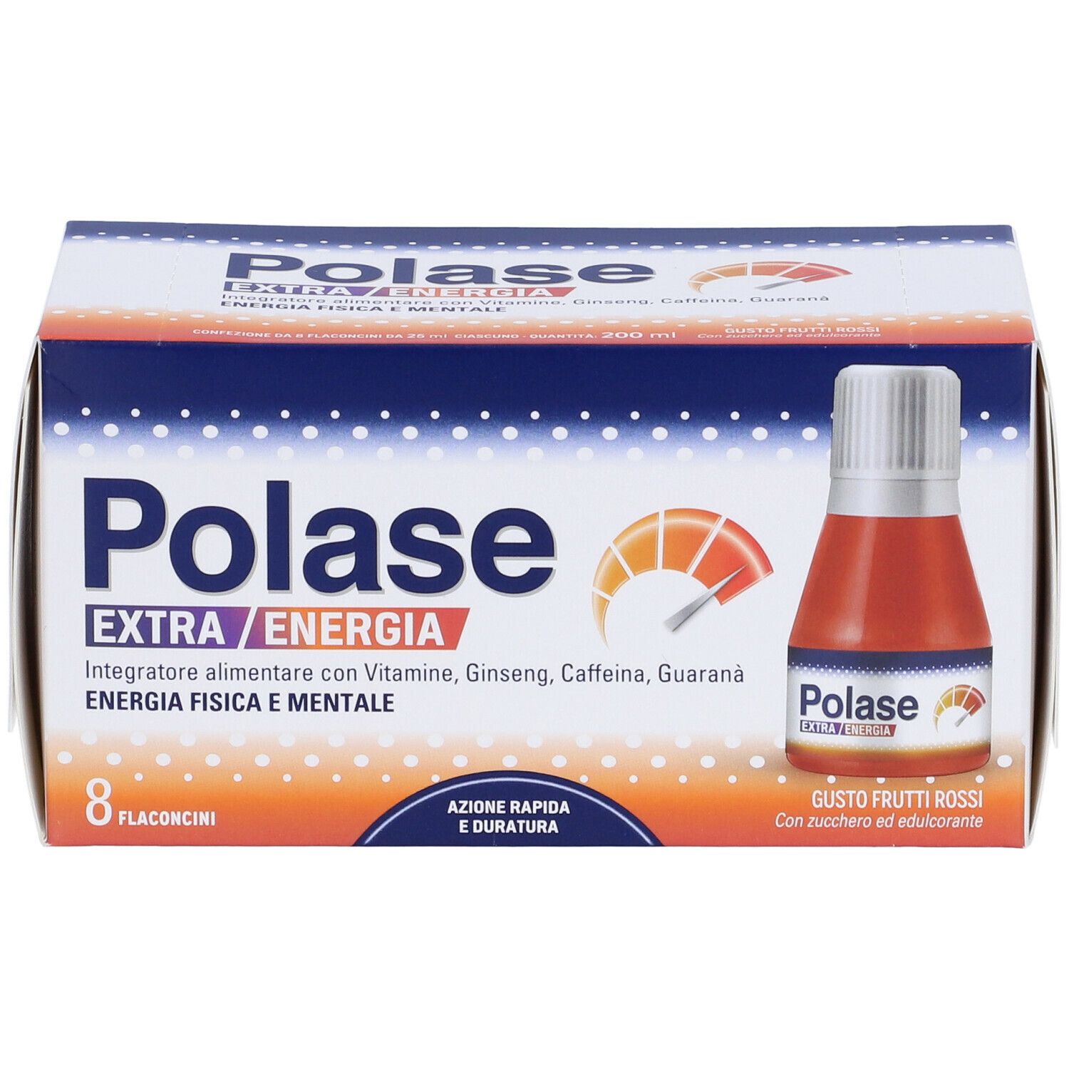 Polase Extra Energia. Confezione da 8 flaconcini. Flaconcino con liquido rosso. Scritta: Gusto Frutti Rossi.